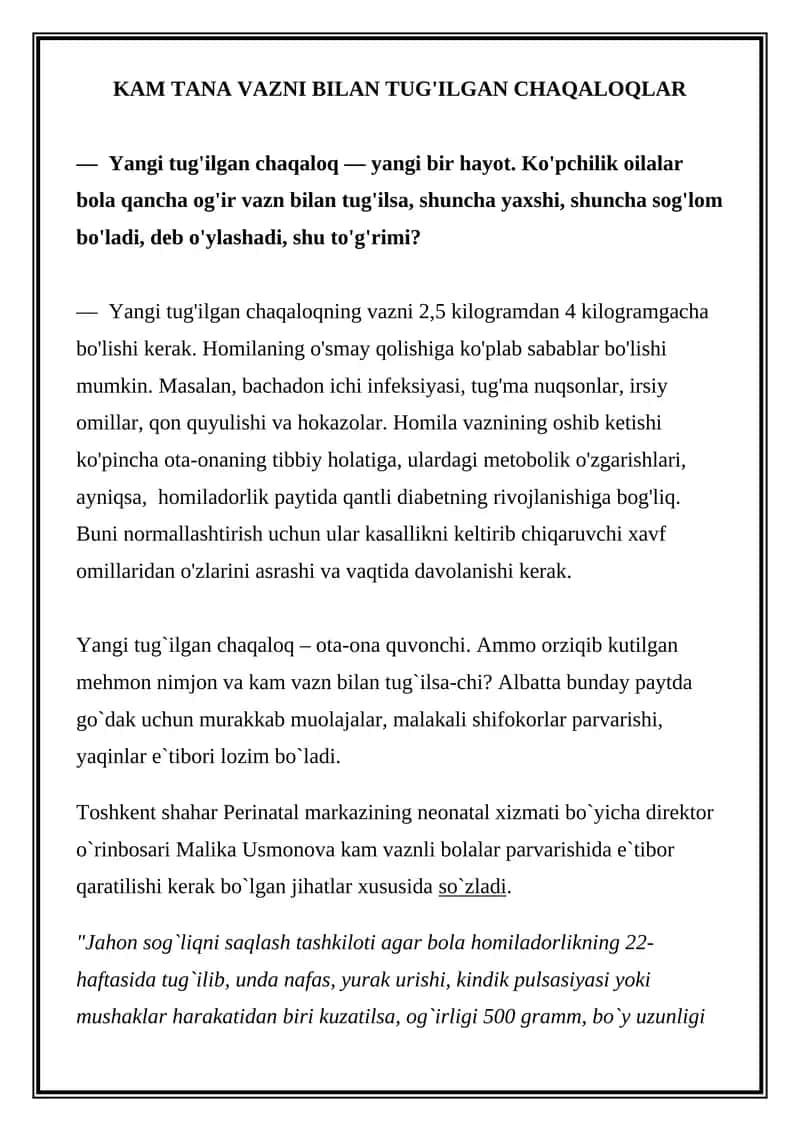 KAM TANA VAZNI BILAN TUG'ILGAN CHAQALOQLAR