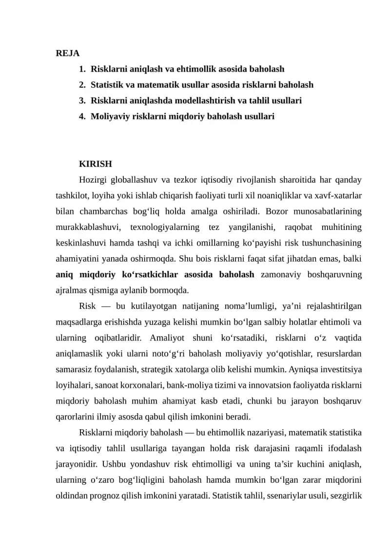 Risklarni miqdoriy baholash va ularni aniqlash usullari