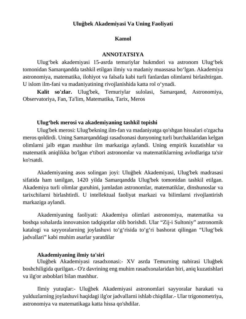 Uluģbek Akademiyasi Va Uning Faoliyati