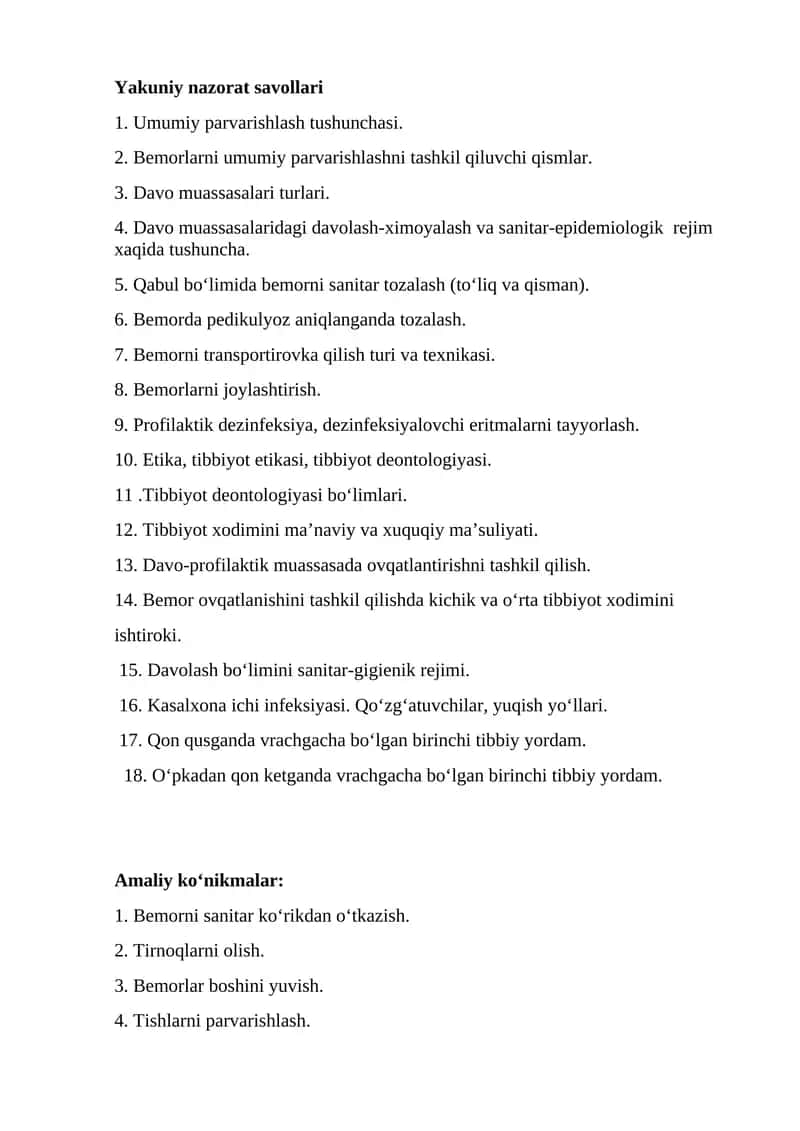 Davolash bo‘limini sanitar-gigienik rejimi