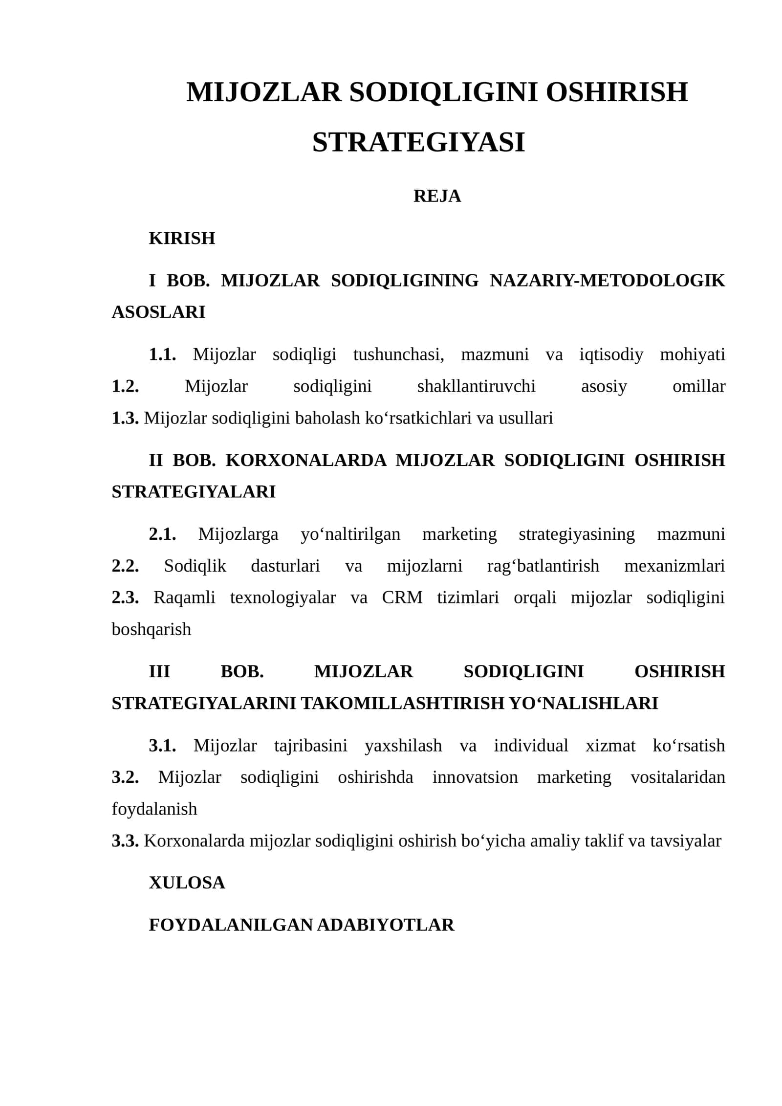 MIJOZLAR SODIQLIGINI OSHIRISH STRATEGIYASI