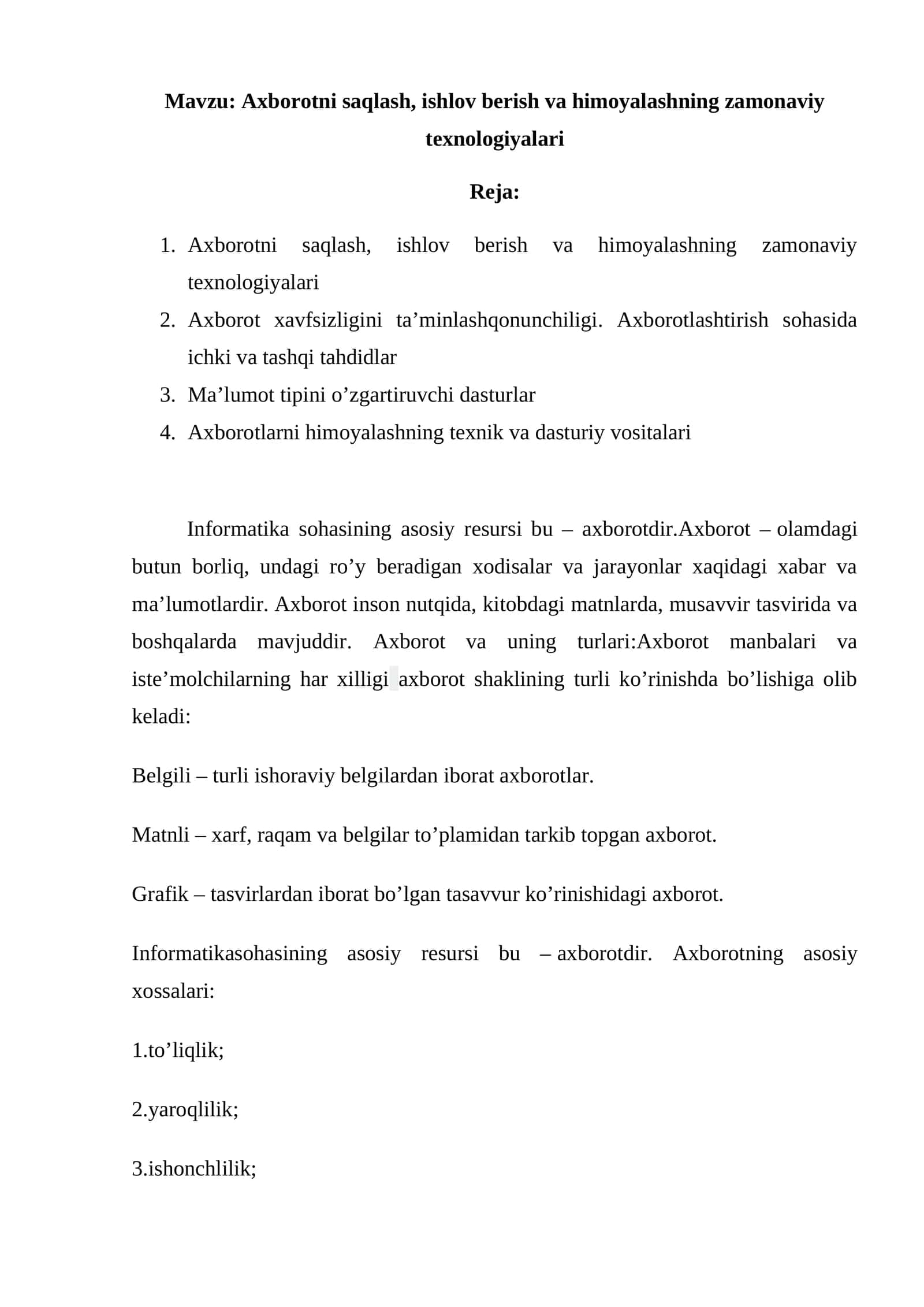 Axborotni saqlash, ishlov berish va himoyalashning zamonaviy texnologiyalari
