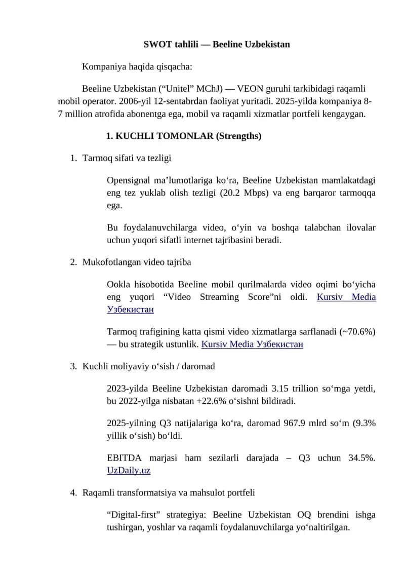 SWOT tahlili — Beeline Uzbekistan