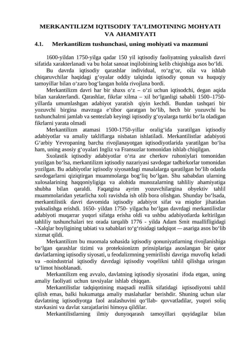 MERKANTILIZM IQTISODIY TA’LIMOTINING MOHYATI VA AHAMIYATI