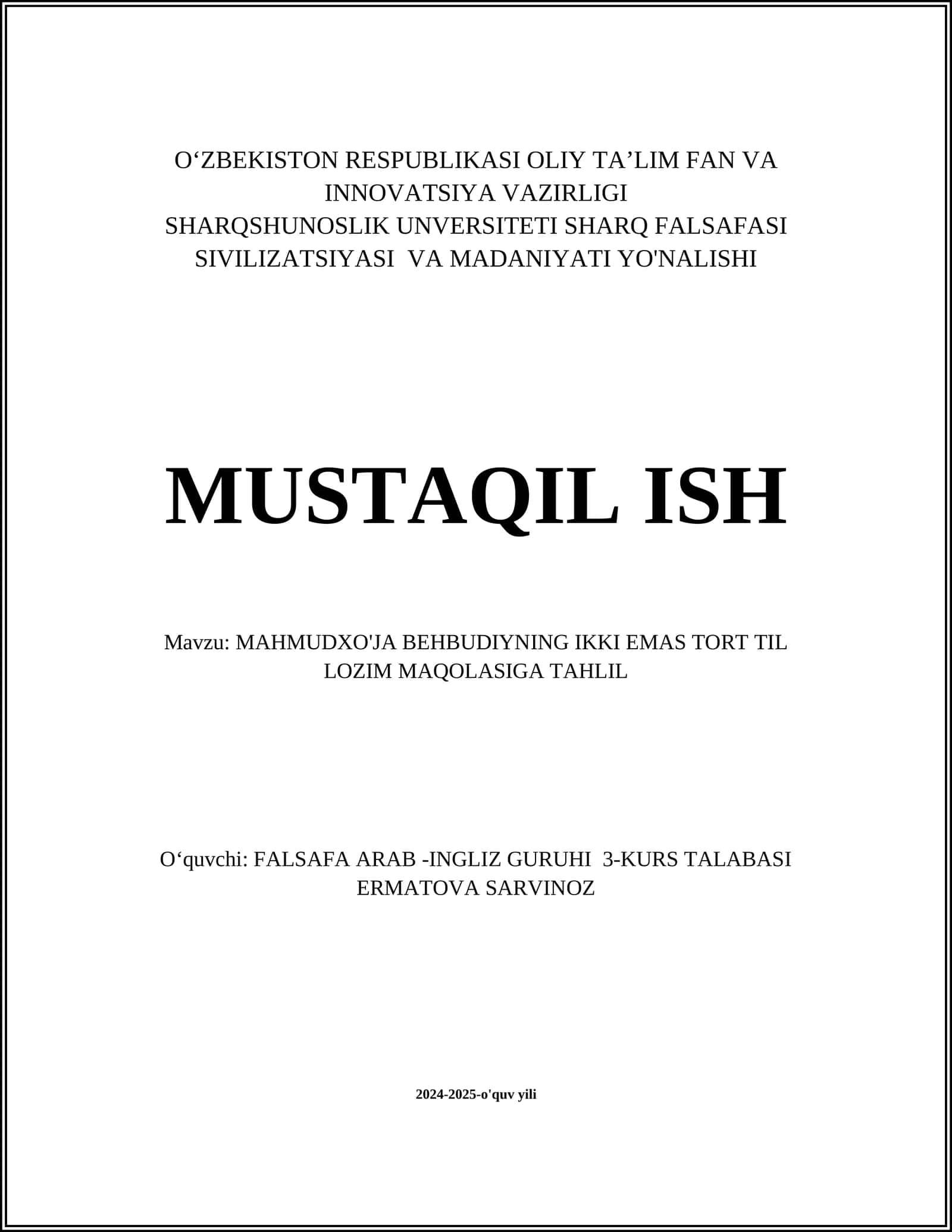 MAHMUDXO'JA BEHBUDIYNING IKKI EMAS TORT TIL LOZIM MAQOLASIGA TAHLIL