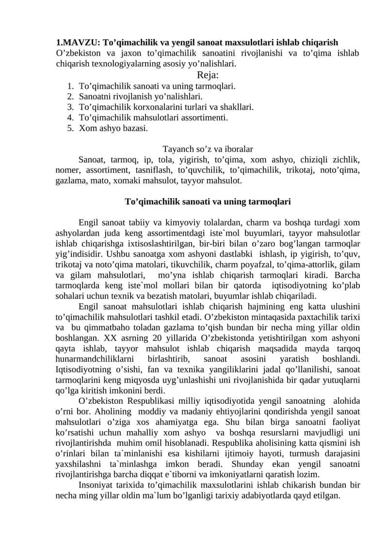 To’qimachilik va yengil sanoat maxsulotlari ishlab chiqarish
