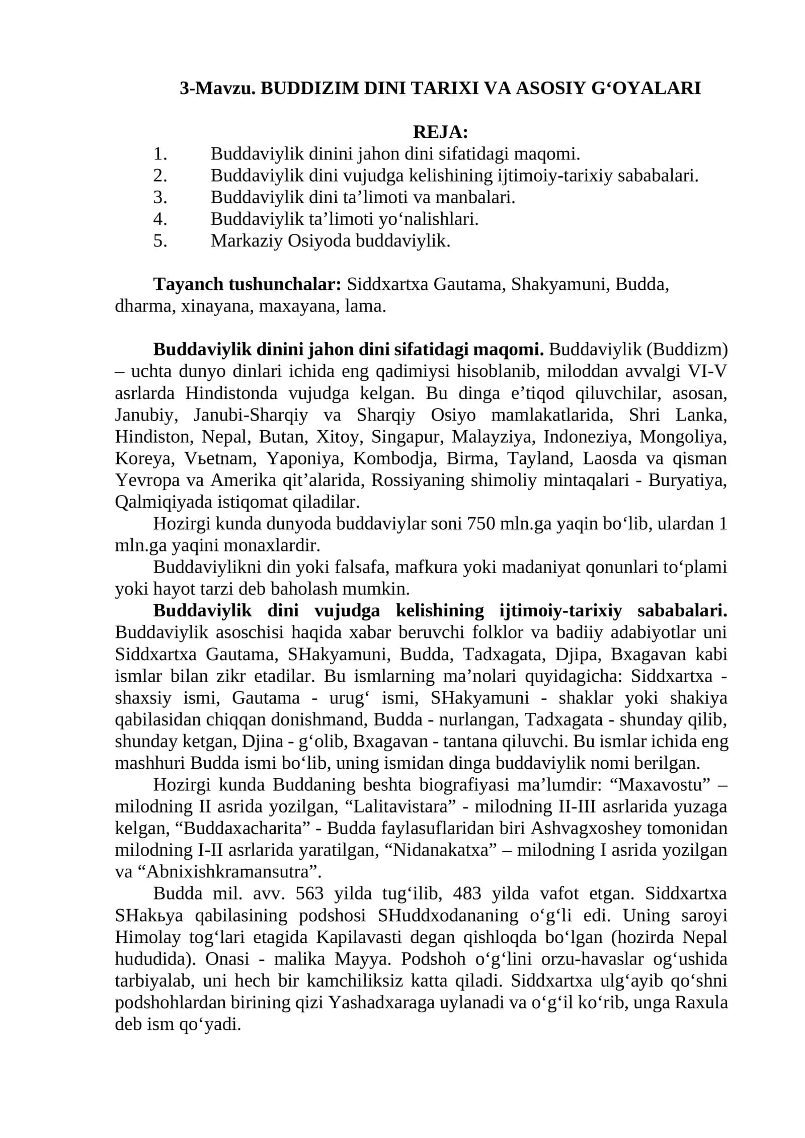 BUDDIZIM DINI TARIXI VA ASOSIY G‘OYALARI
