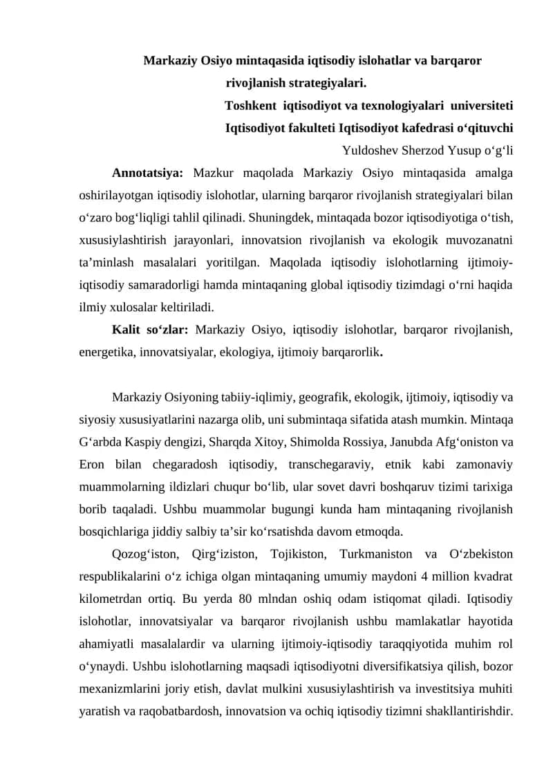 Iqtisodiy islohatlar va barqaror rivojlanish strategiyalari