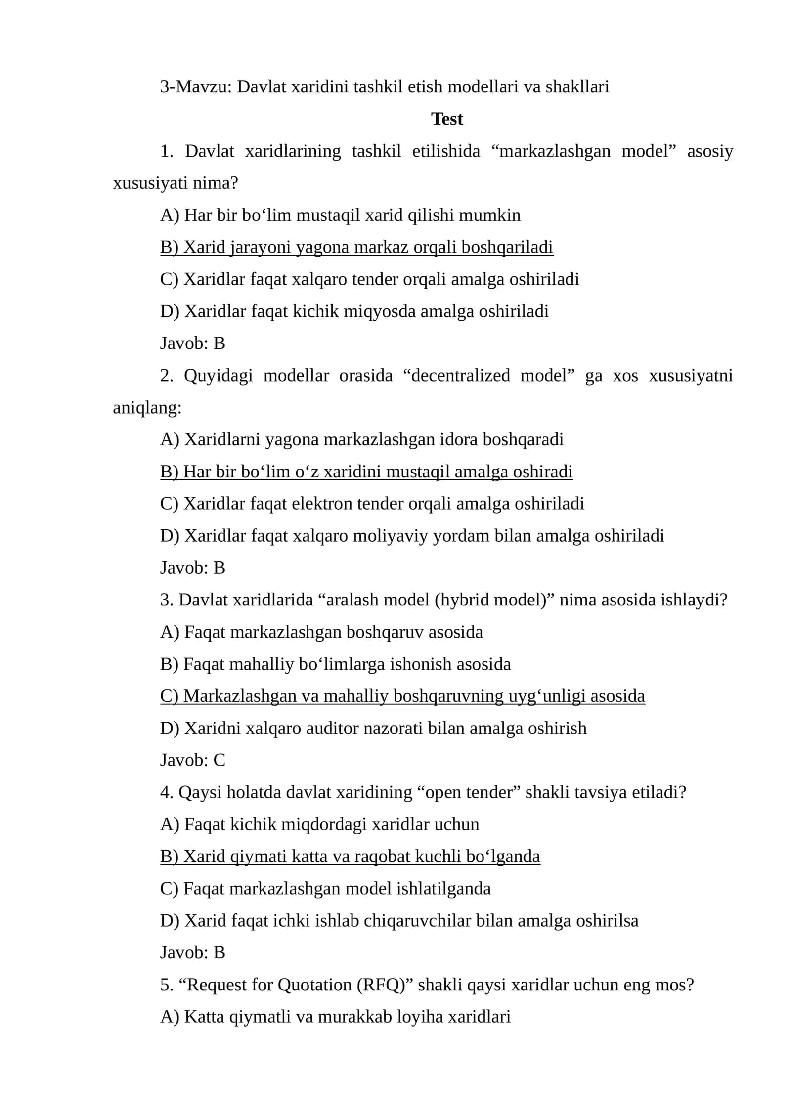 Davlat xaridini tashkil etish modellari va shakllari