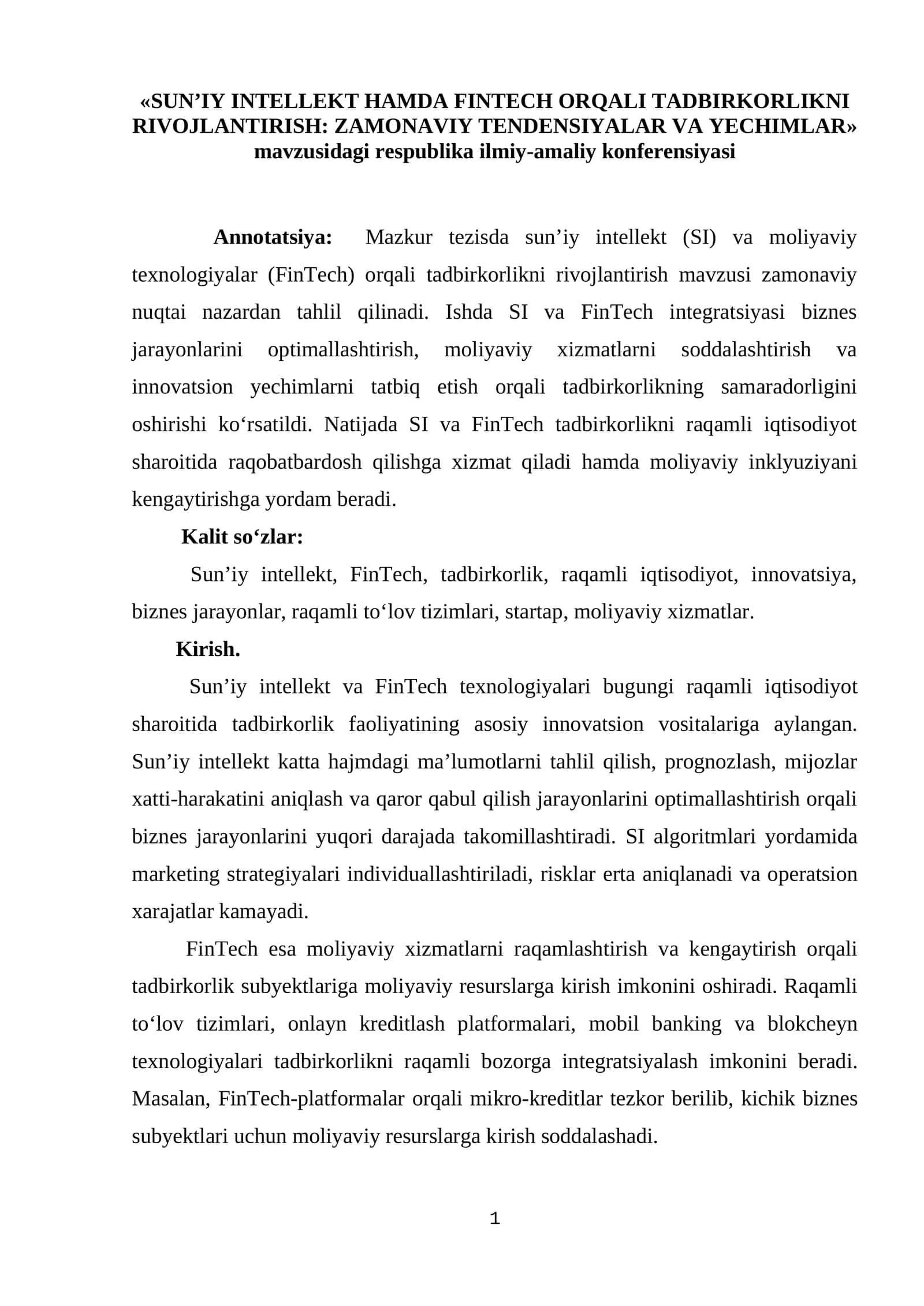SUN’IY INTЕLLЕKT HАMDА FINTЕСH ОRQАLI TАDBIRKОRLIKNI RIVОJLАNTIRISH