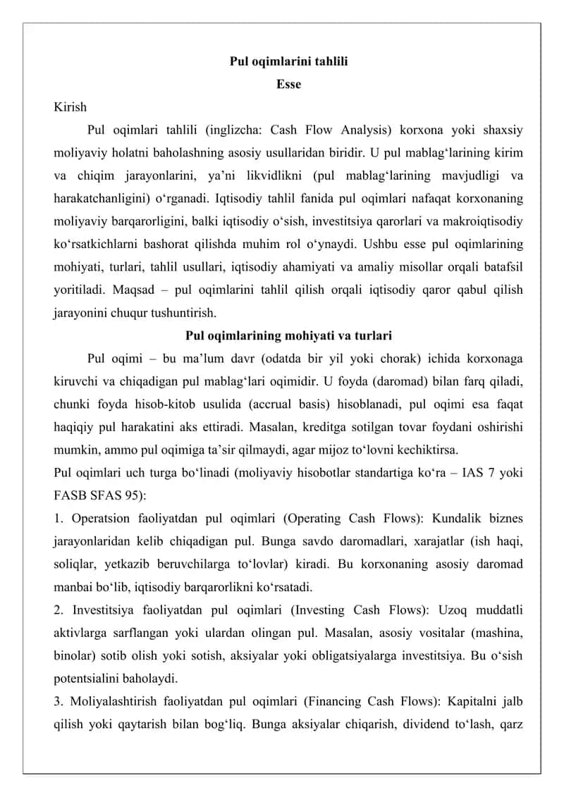 Pul oqimlarini tahlili