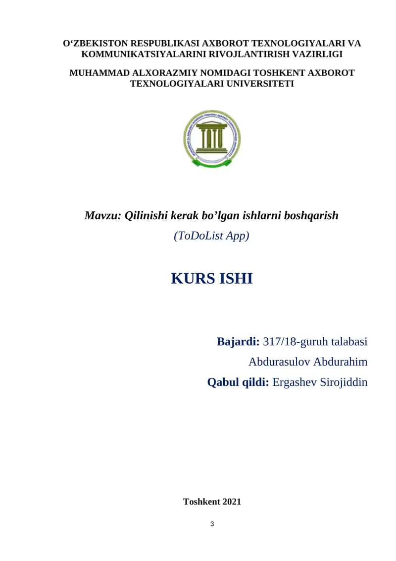 Qilinishi kerak bo’lgan ishlarni boshqarish (ToDoList App)