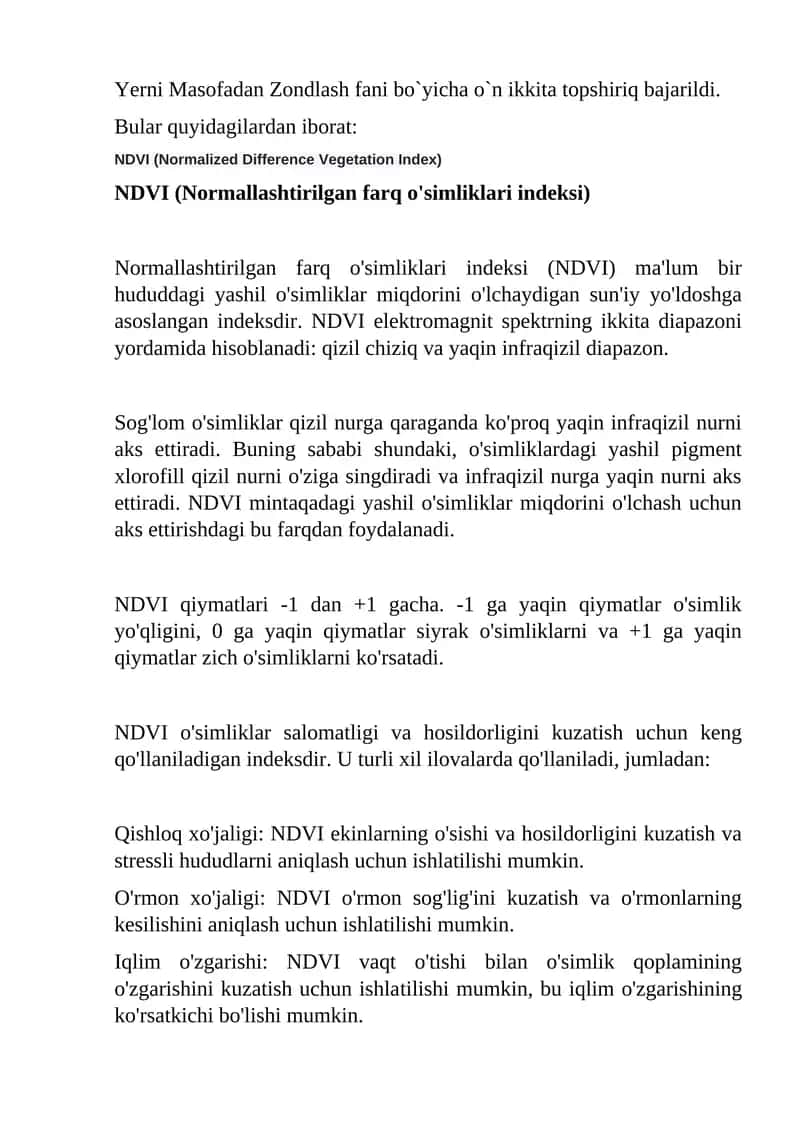 Yerni Masofadan Zondlash fani bo`yicha o`n ikkita topshiriq