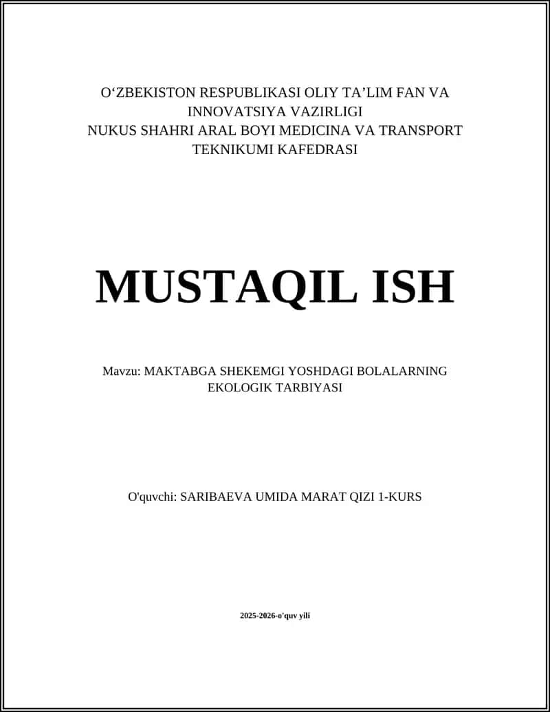 Maktabga shekemgi yoshdagi bolalarning ekologik tarbiyasi