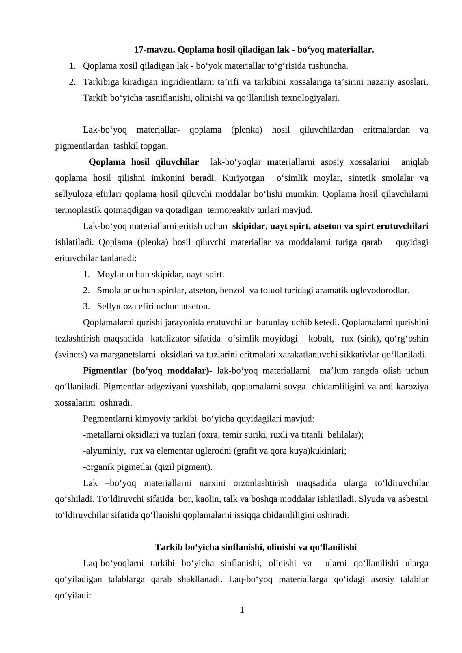 Qoplama hosil qiladigan lak - bo‘yoq materiallar
