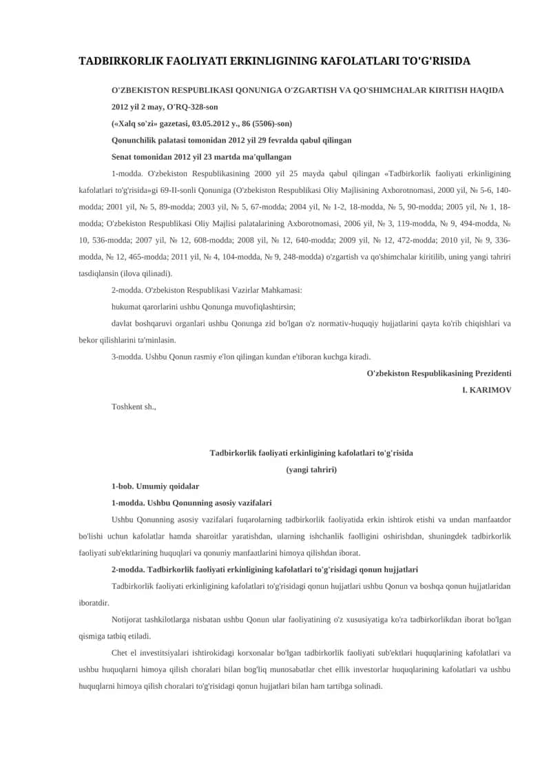 Tadbirkorlik faoliyati erkinligining kafolatlari to'g'risida
