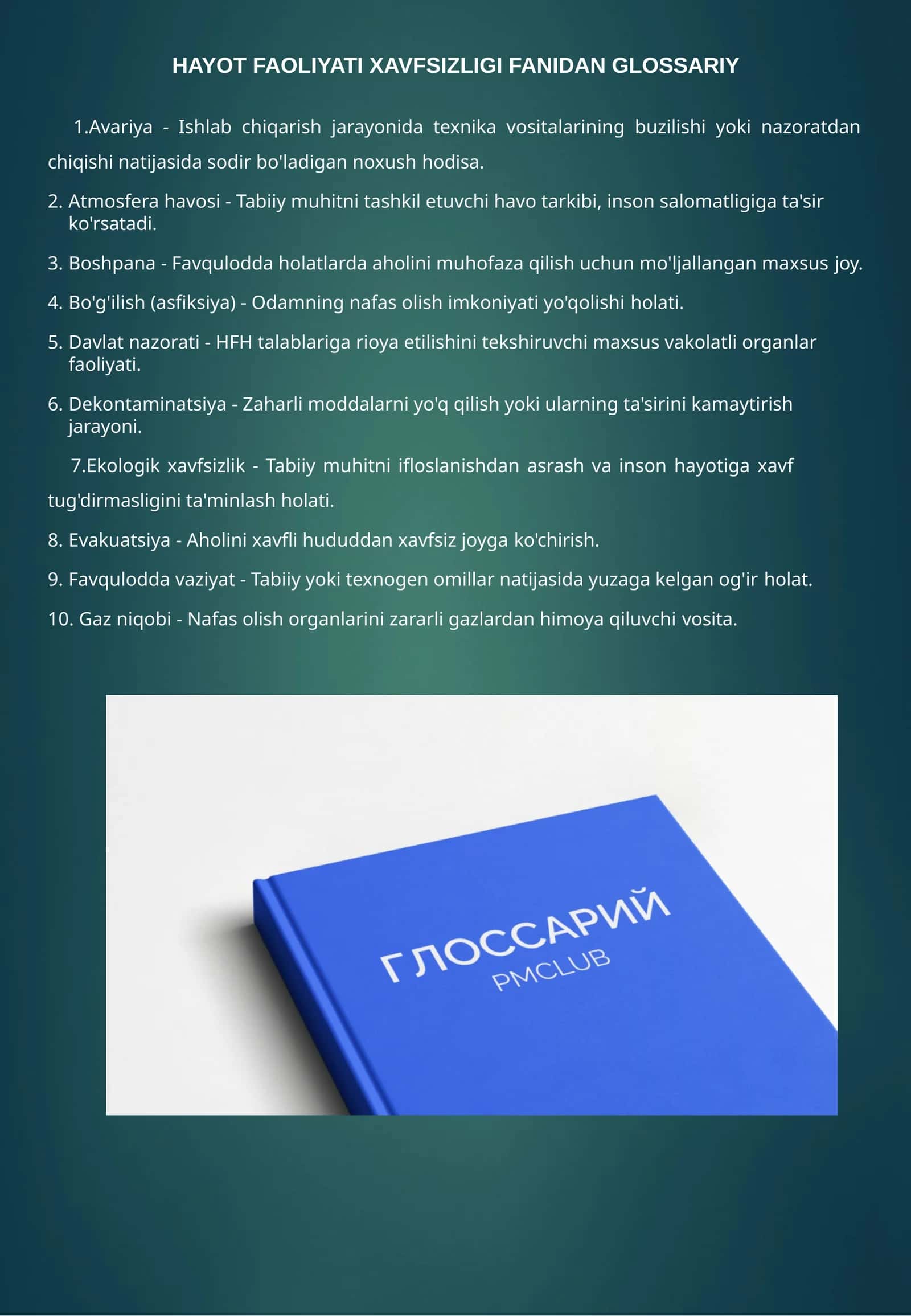 HAYOT FAOLIYATI XAVFSIZLIGI FANIDAN GLOSSARIY