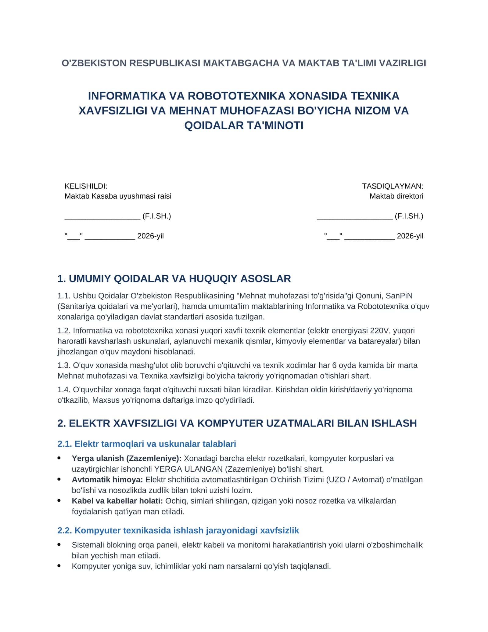 Texnika xavfsizligi qoidalari (Informatika, robototexnika va fizika laboratoriya xonalari uchun)