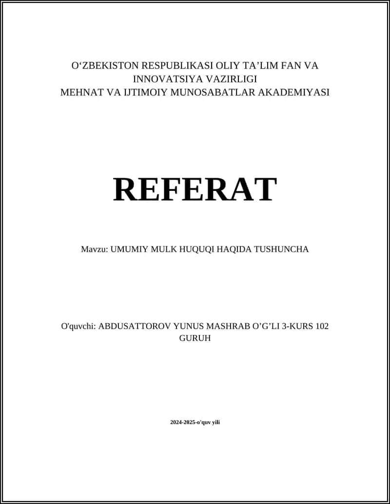 UMUMIY MULK HUQUQI HAQIDA TUSHUNCHA
