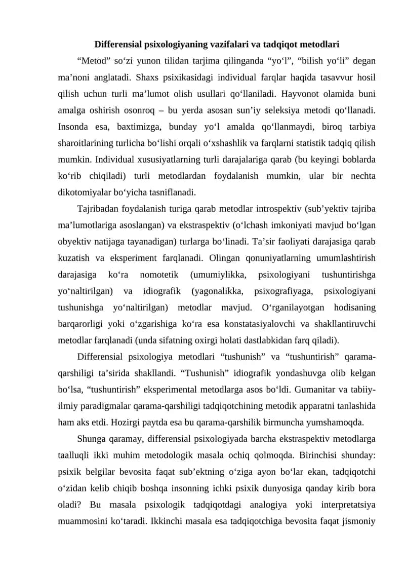 Differensial psixologiyaning vazifalari va tadqiqot metodlari