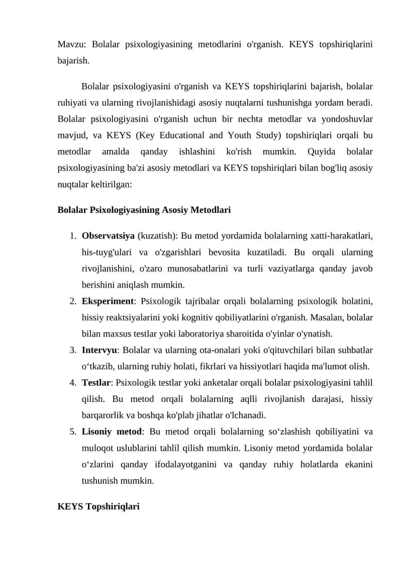Bolalar psixologiyasining metodlari