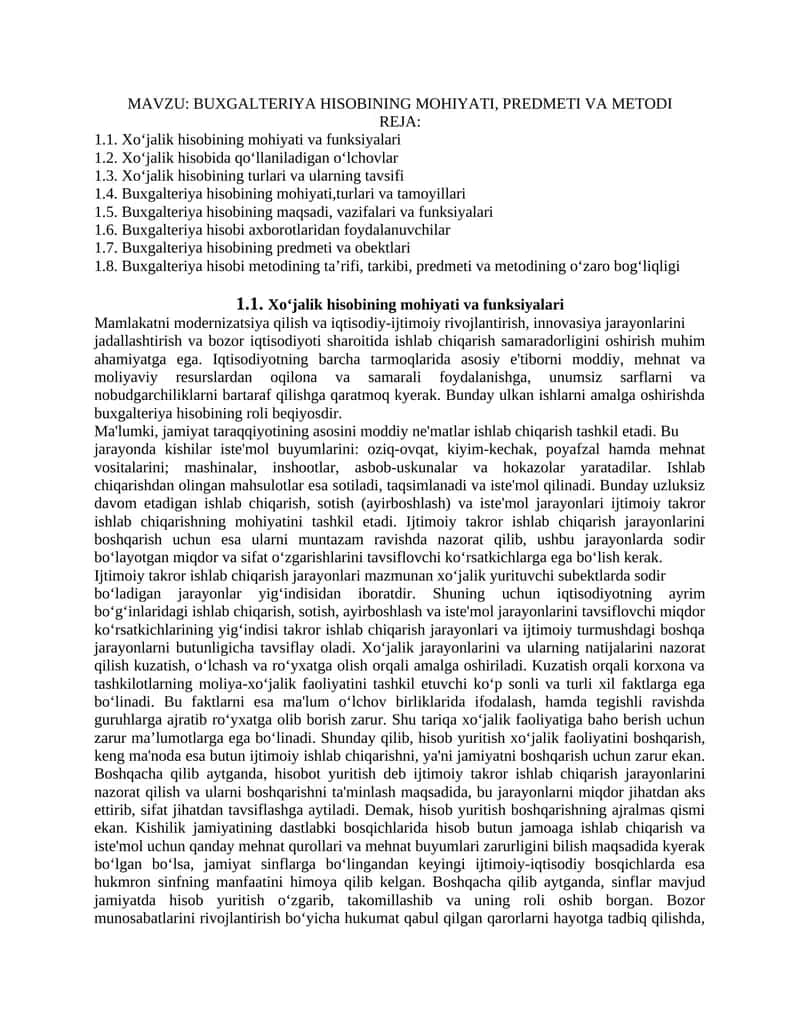 BUXGALTERIYA HISOBINING MOHIYATI, PREDMETI VA METODI