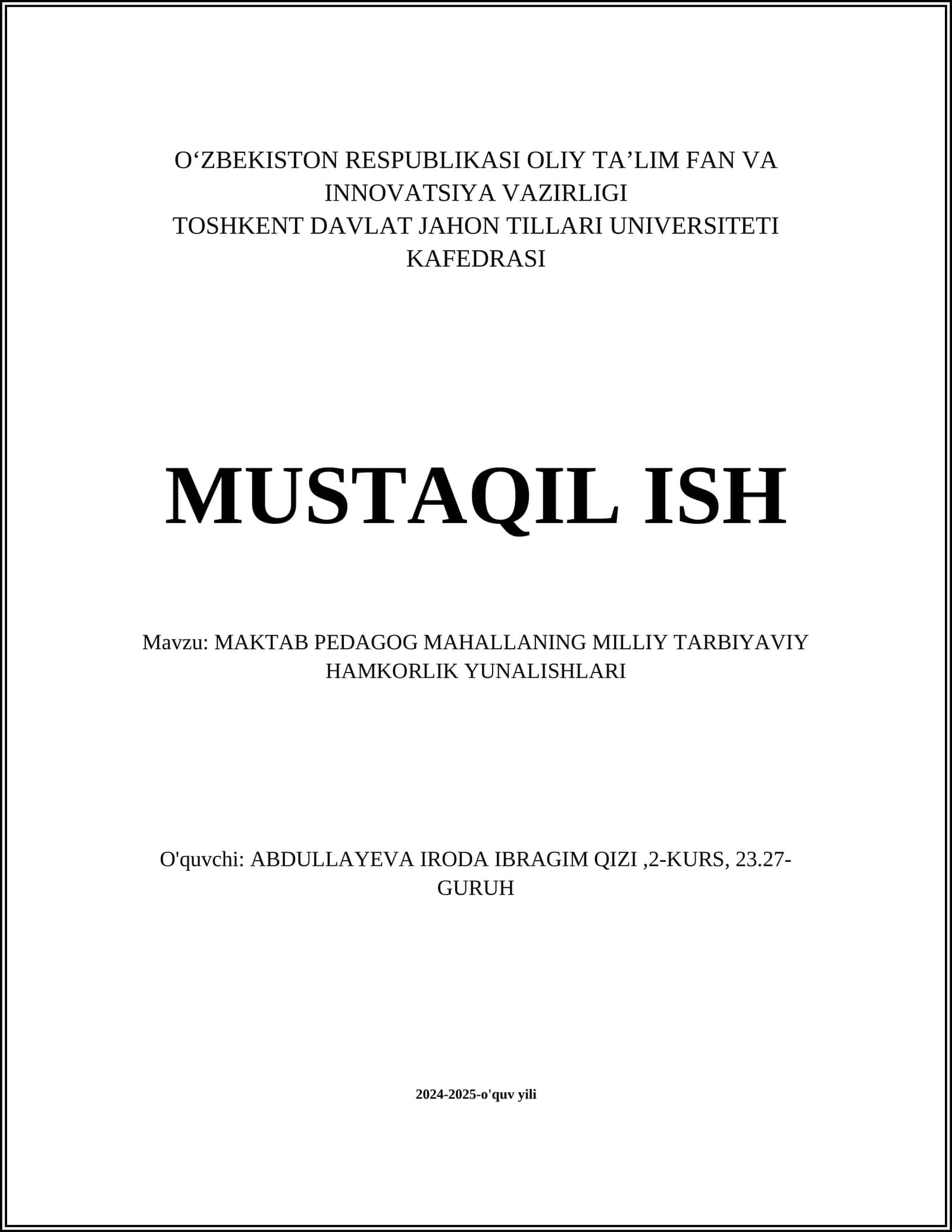 MAKTAB PEDAGOG MAHALLANING MILLIY TARBIYAVIY HAMKORLIK YUNALISHLARI