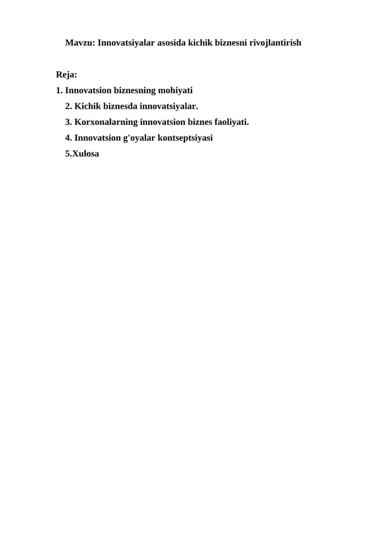 Innovatsiyalar asosida kichik biznesni rivojlantirish