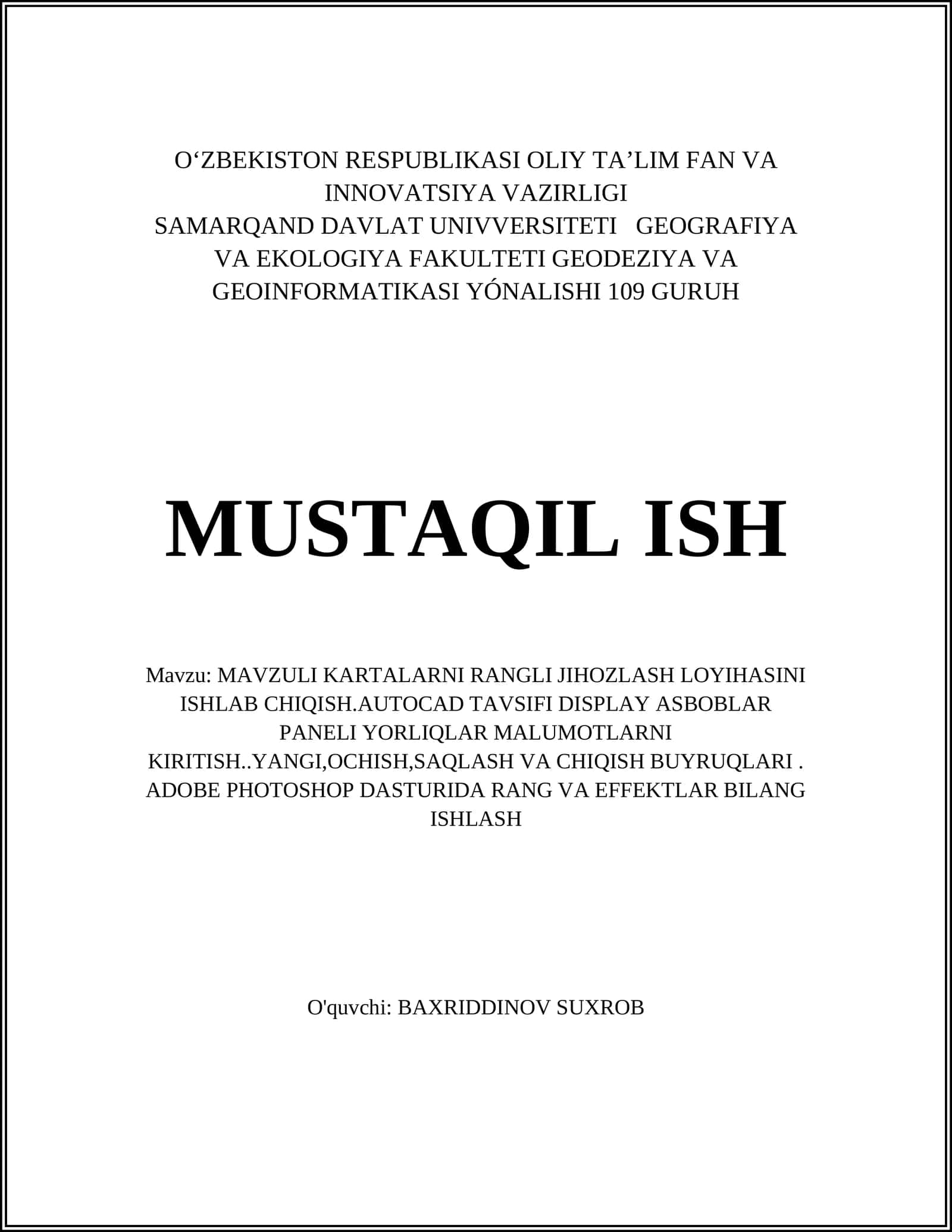 MAVZULI KARTALARNI RANGLI JIHOZLASH LOYIHASINI ISHLAB CHIQISH