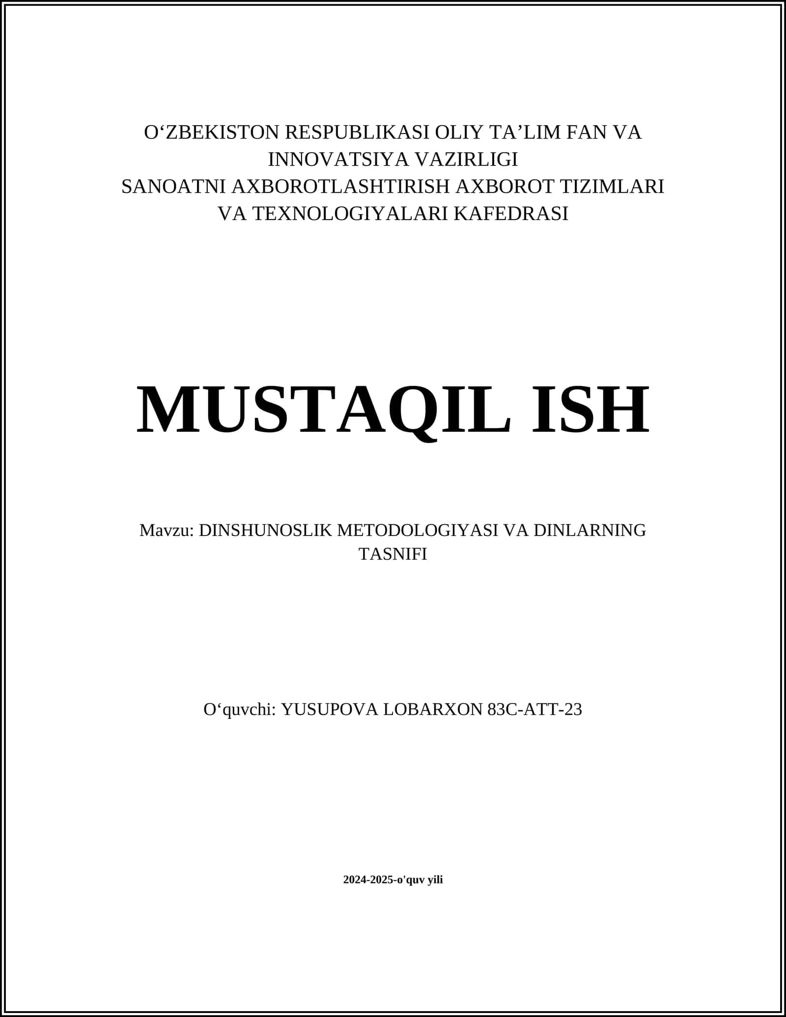 DINSHUNOSLIK METODOLOGIYASI VA DINLARNING TASNIFI