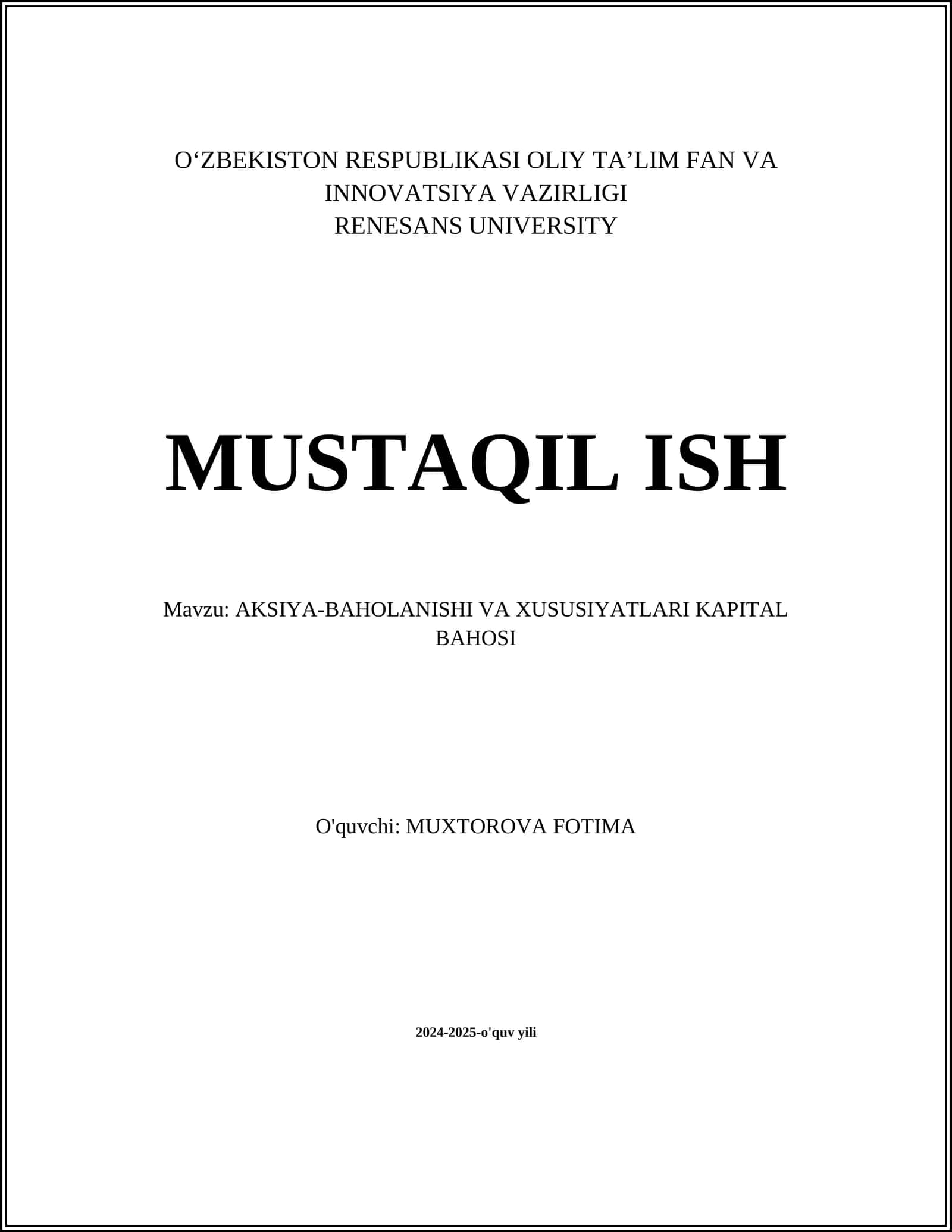AKSIYA-BAHOLANISHI VA XUSUSIYATLARI KAPITAL BAHOSI
