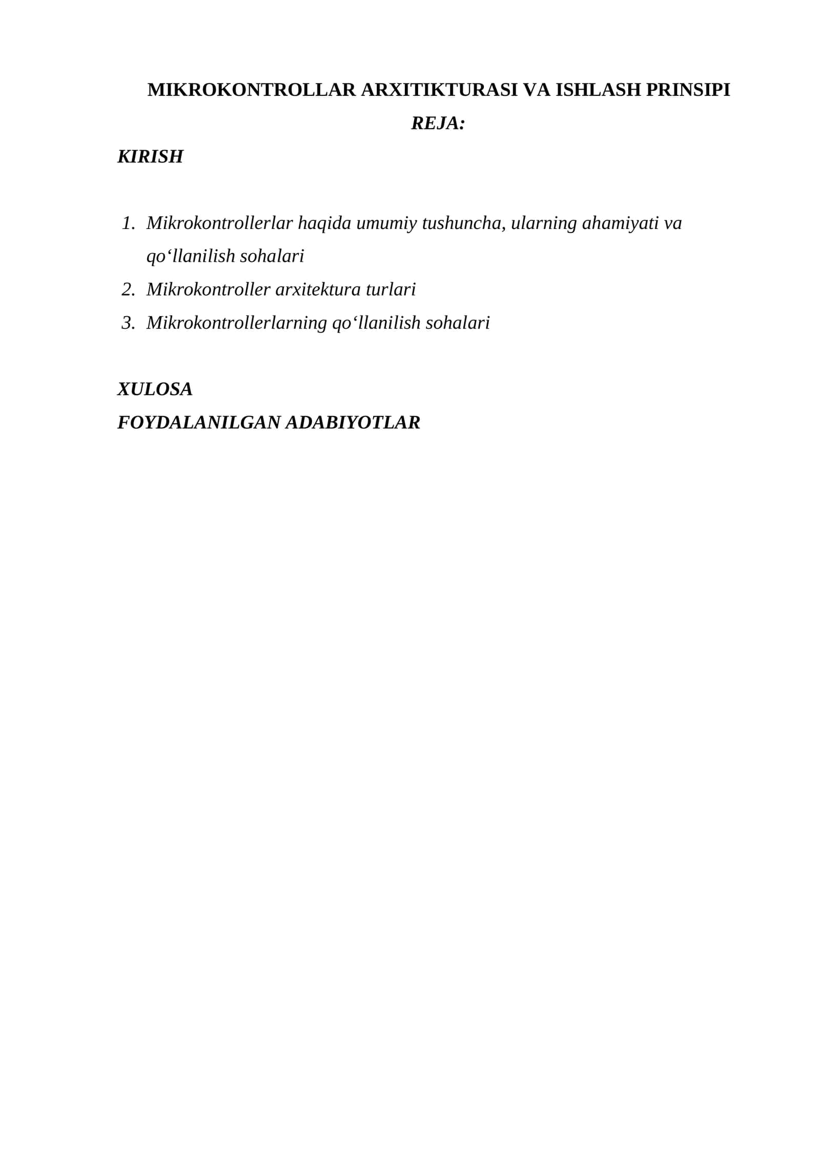 MIKROKONTROLLAR ARXITIKTURASI VA ISHLASH PRINSIPI