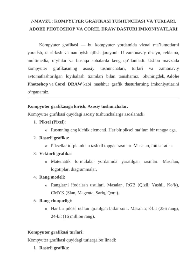 KOMPYUTER GRAFIKASI TUSHUNCHASI VA TURLARI. ADOBE PHOTOSHOP VA COREL DRAW DASTURI IMKONIYATLARI