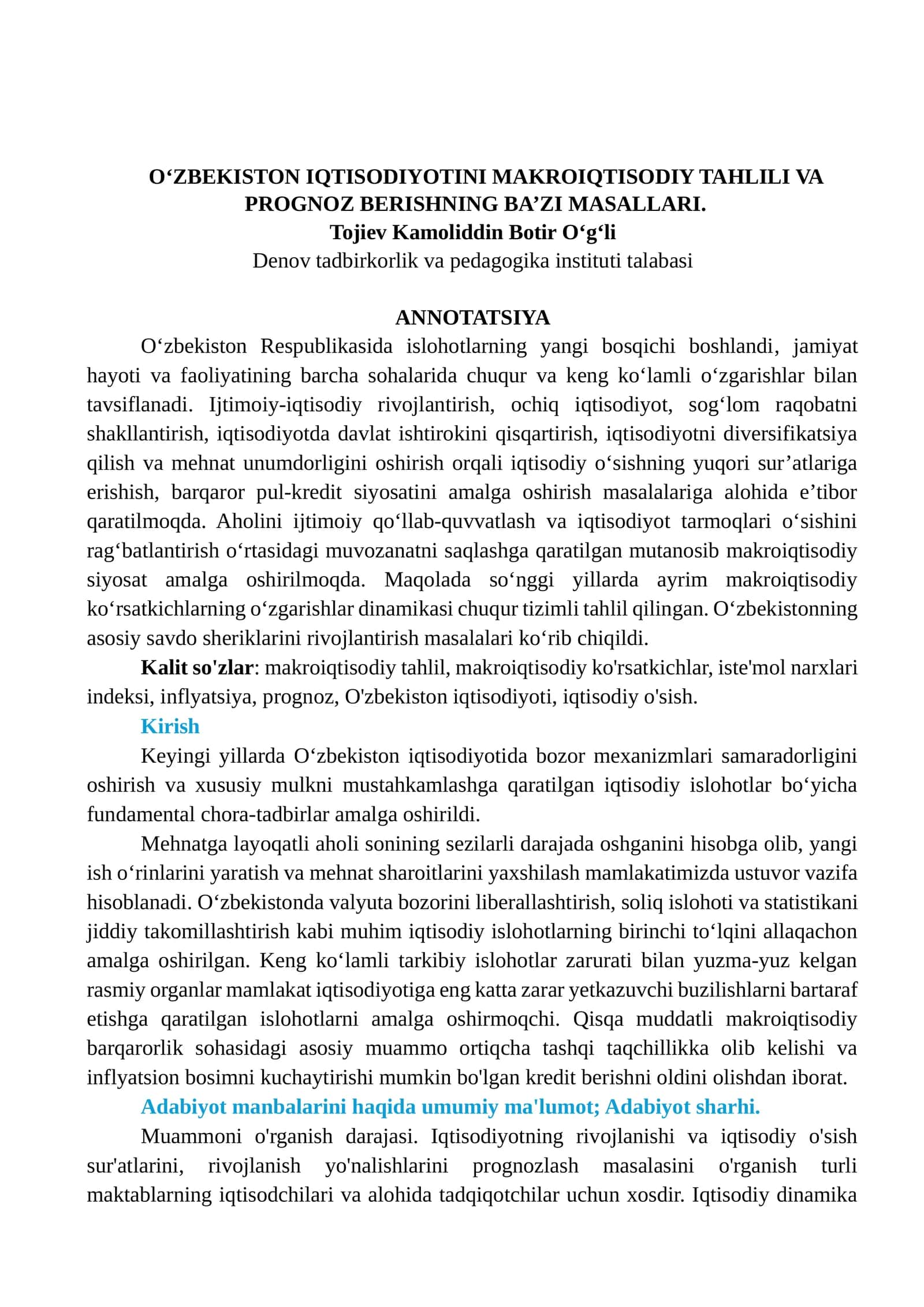 O‘ZBEKISTON IQTISODIYOTINI MAKROIQTISODIY TAHLILI VA PROGNOZ BERISHNING BA’ZI MASALLARI