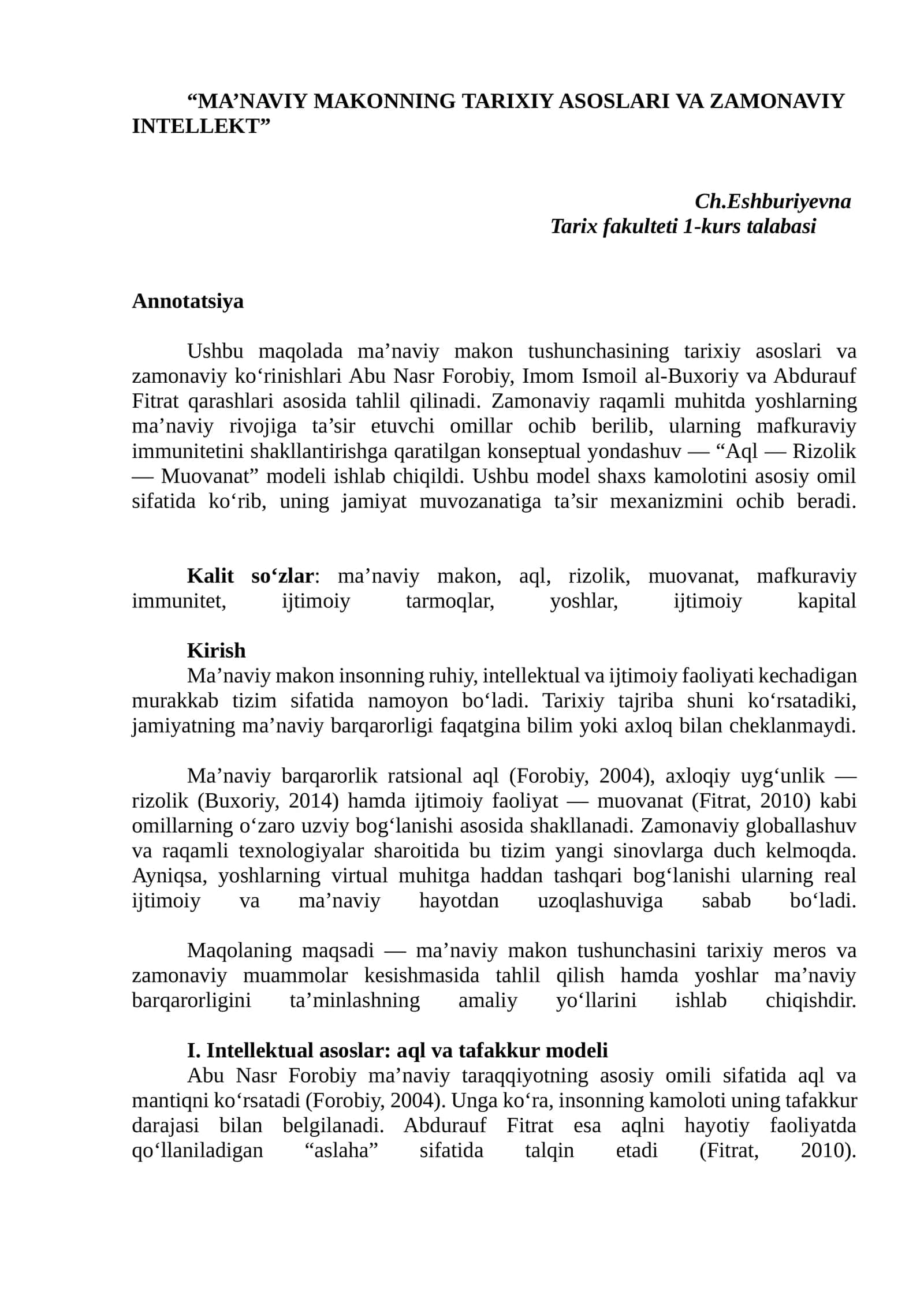MA’NAVIY MAKONNING TARIXIY ASOSLARI VA ZAMONAVIY INTELLEKT
