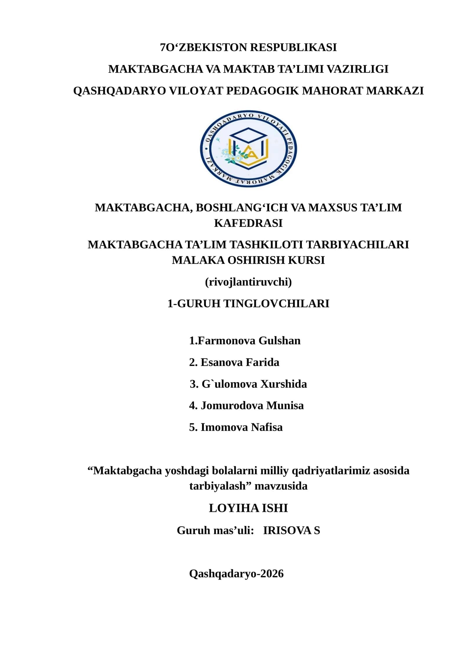 Maktabgacha yoshdagi bolalarni milliy qadriyatlarimiz asosida tarbiyalash