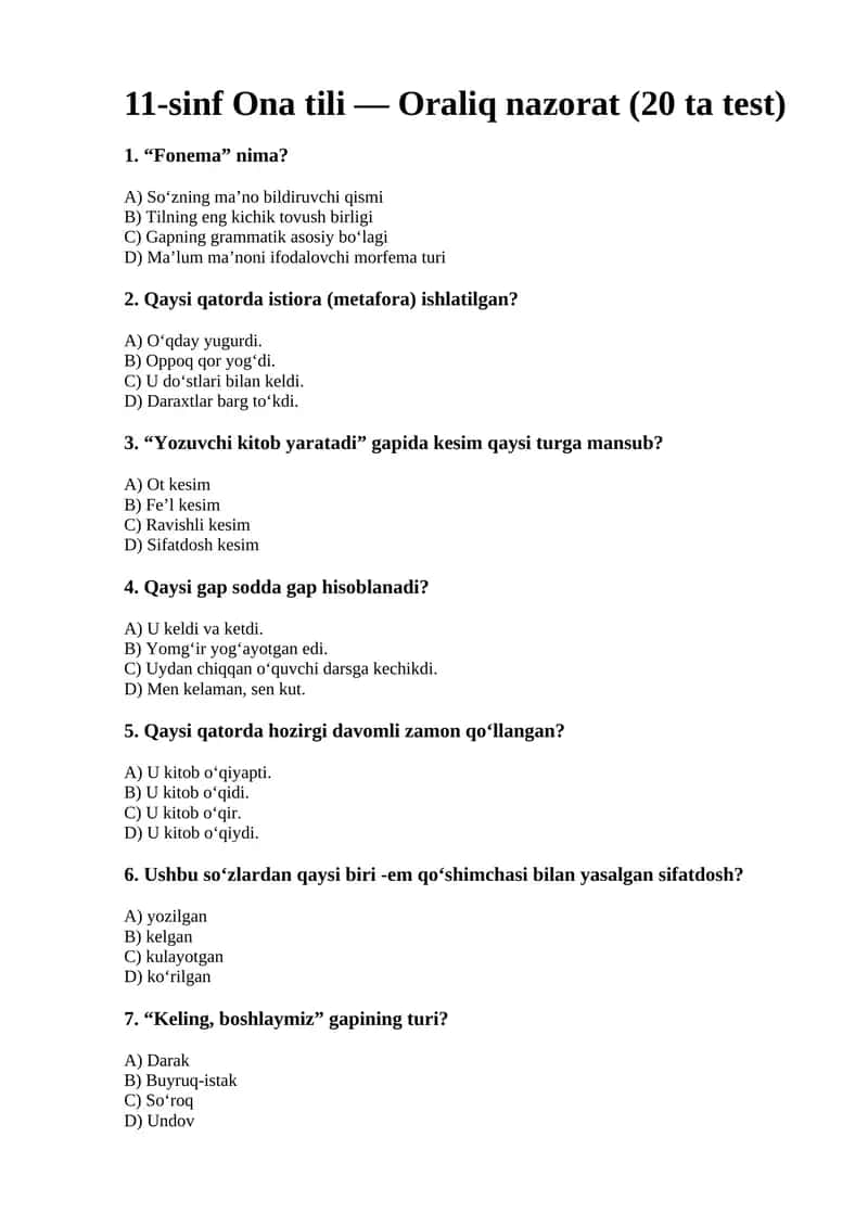 11-sinf Ona tili — Oraliq nazorat (20 ta test)