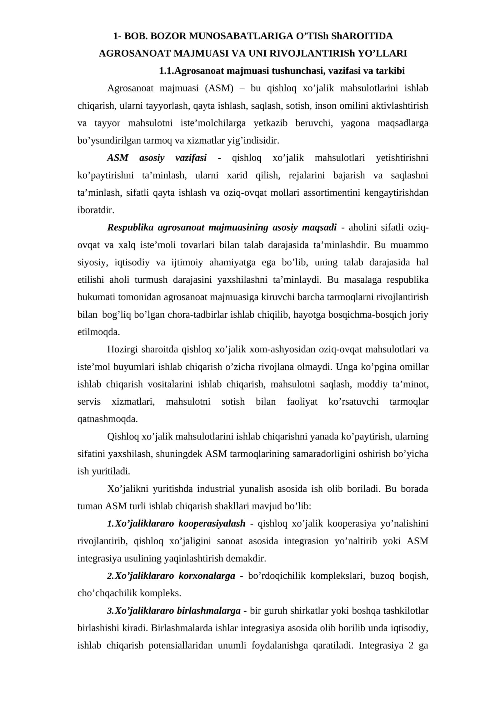 Agrosanoat majmuasi va uni rivojlanish yo'llari