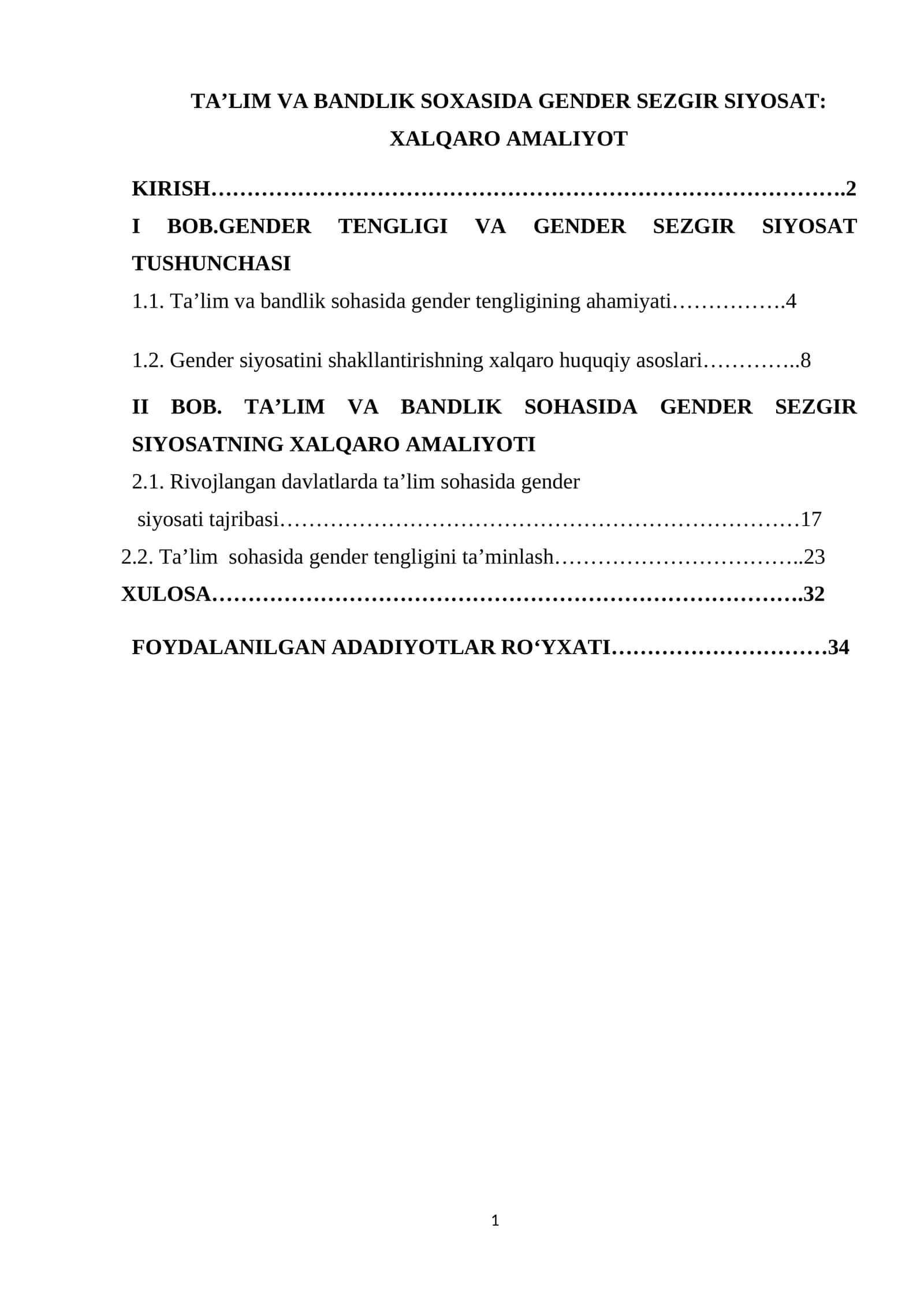 TA’LIM VA BANDLIK SOXASIDA GENDER SEZGIR SIYOSAT: XALQARO AMALIYOT