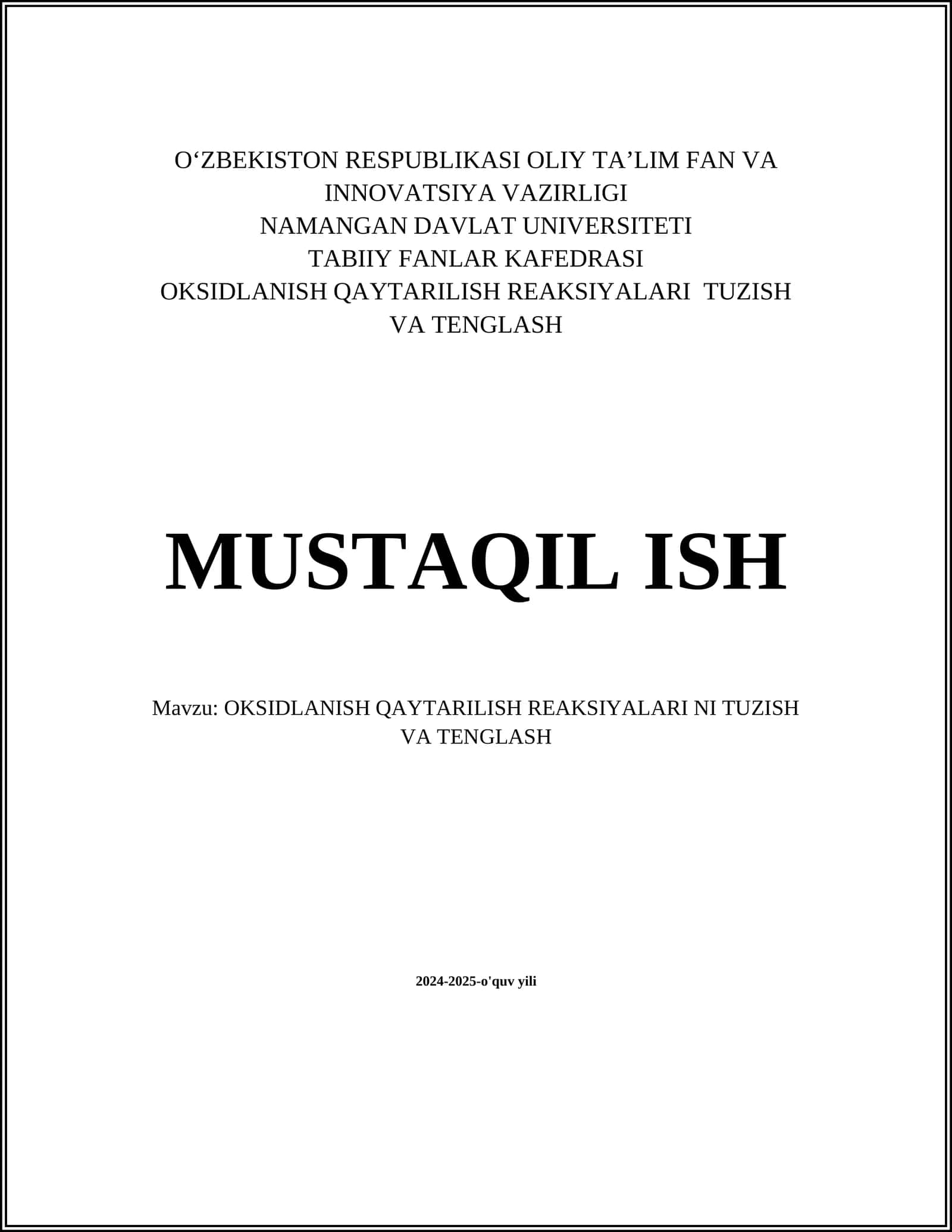 OKSIDLANISH QAYTARILISH REAKSIYALARI TUZISH VA TENGLASH