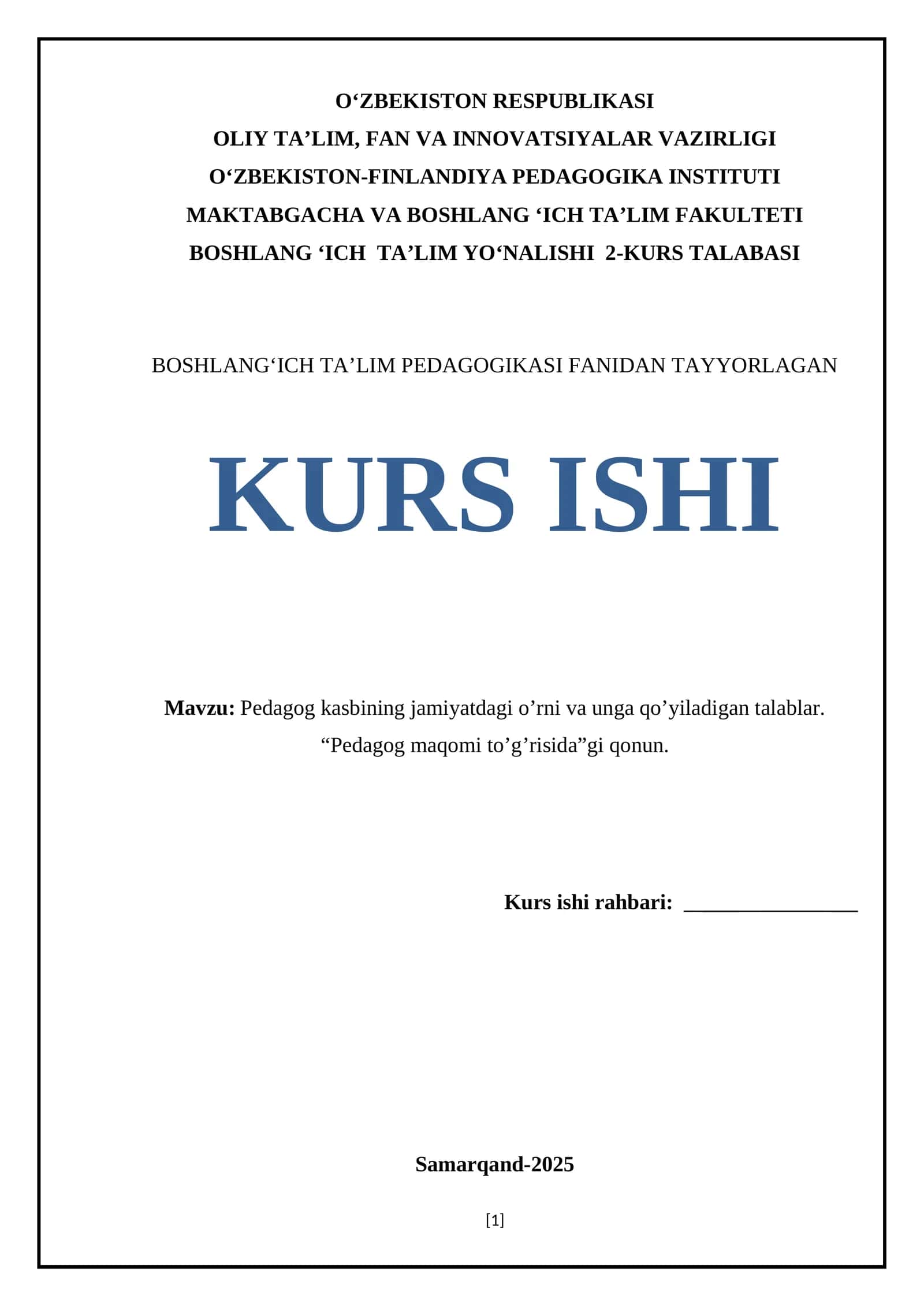 Boshlang ‘ich Ta’lim Pedagogikasi Fanidan Tayyorlagan Kurs Ishi