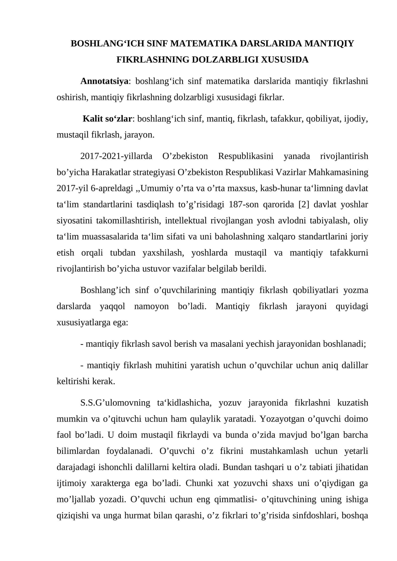 BOSHLANG‘ICH SINF MATEMATIKA DARSLARIDA MANTIQIY FIKRLASHNING DOLZARBLIGI XUSUSIDA