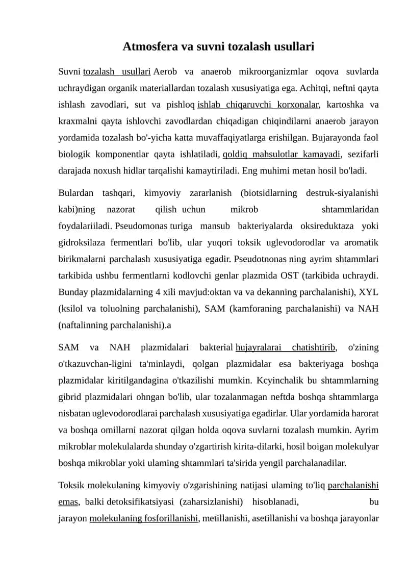 Atmosfera va suvni tozalash usullari