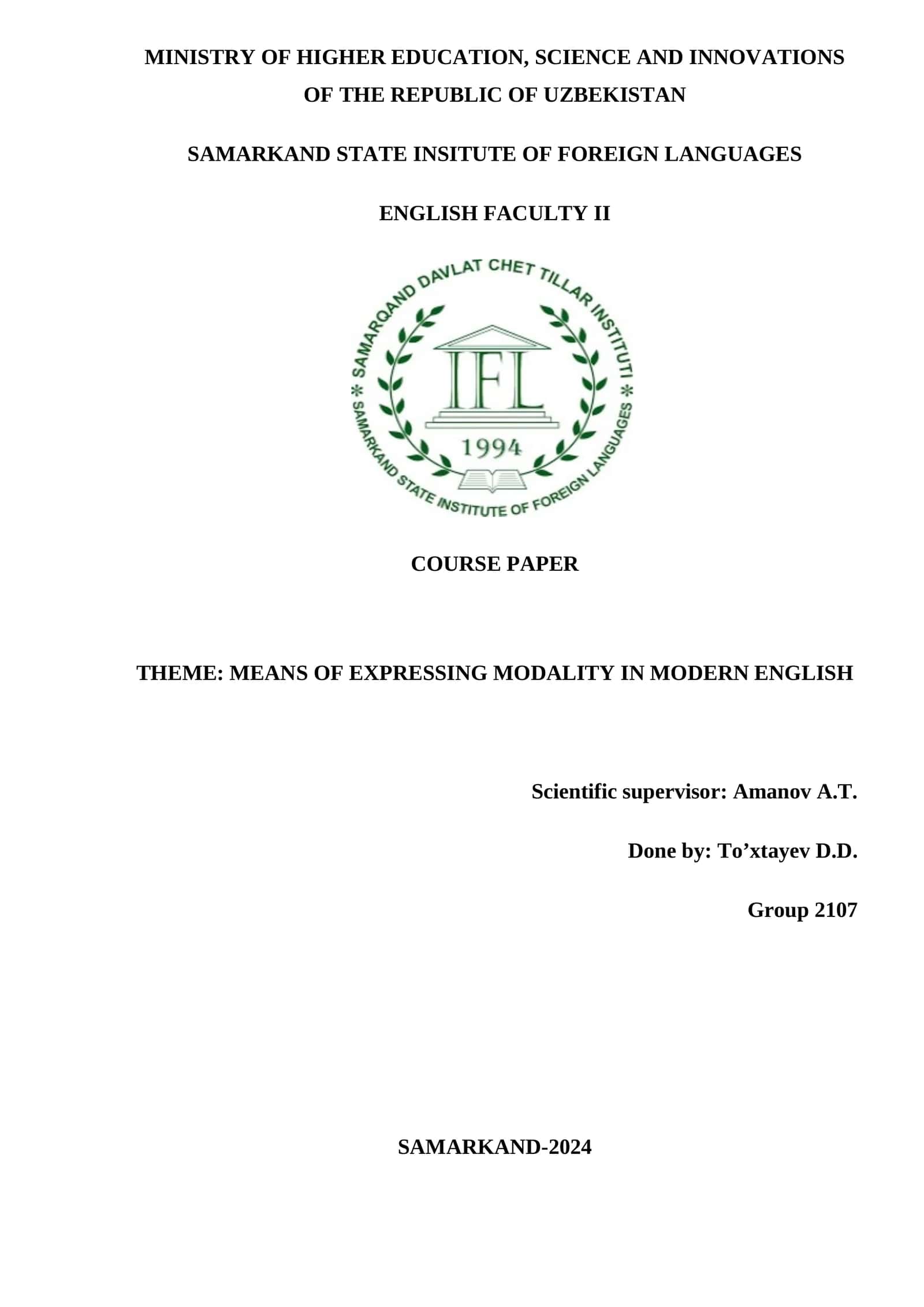THEME: MEANS OF EXPRESSING MODALITY IN MODERN ENGLISH