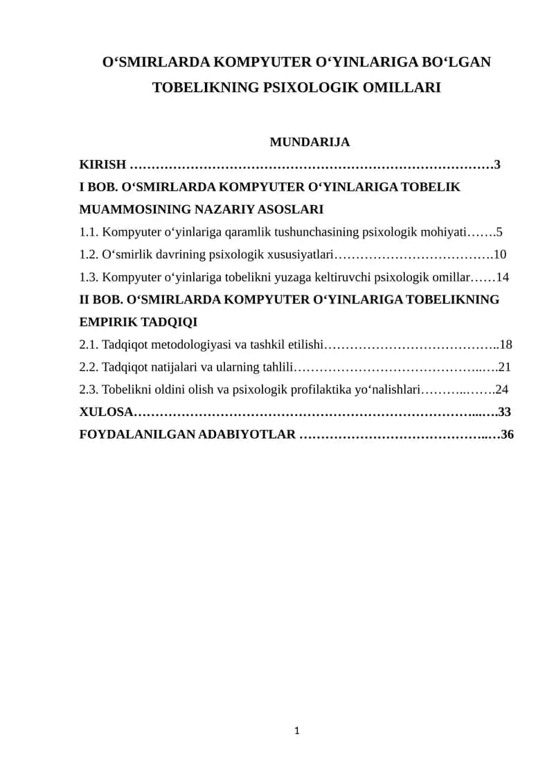 OʻSMIRLARDA KOMPYUTER OʻYINLARIGA BOʻLGAN TOBELIKNING PSIXOLOGIK OMILLARI