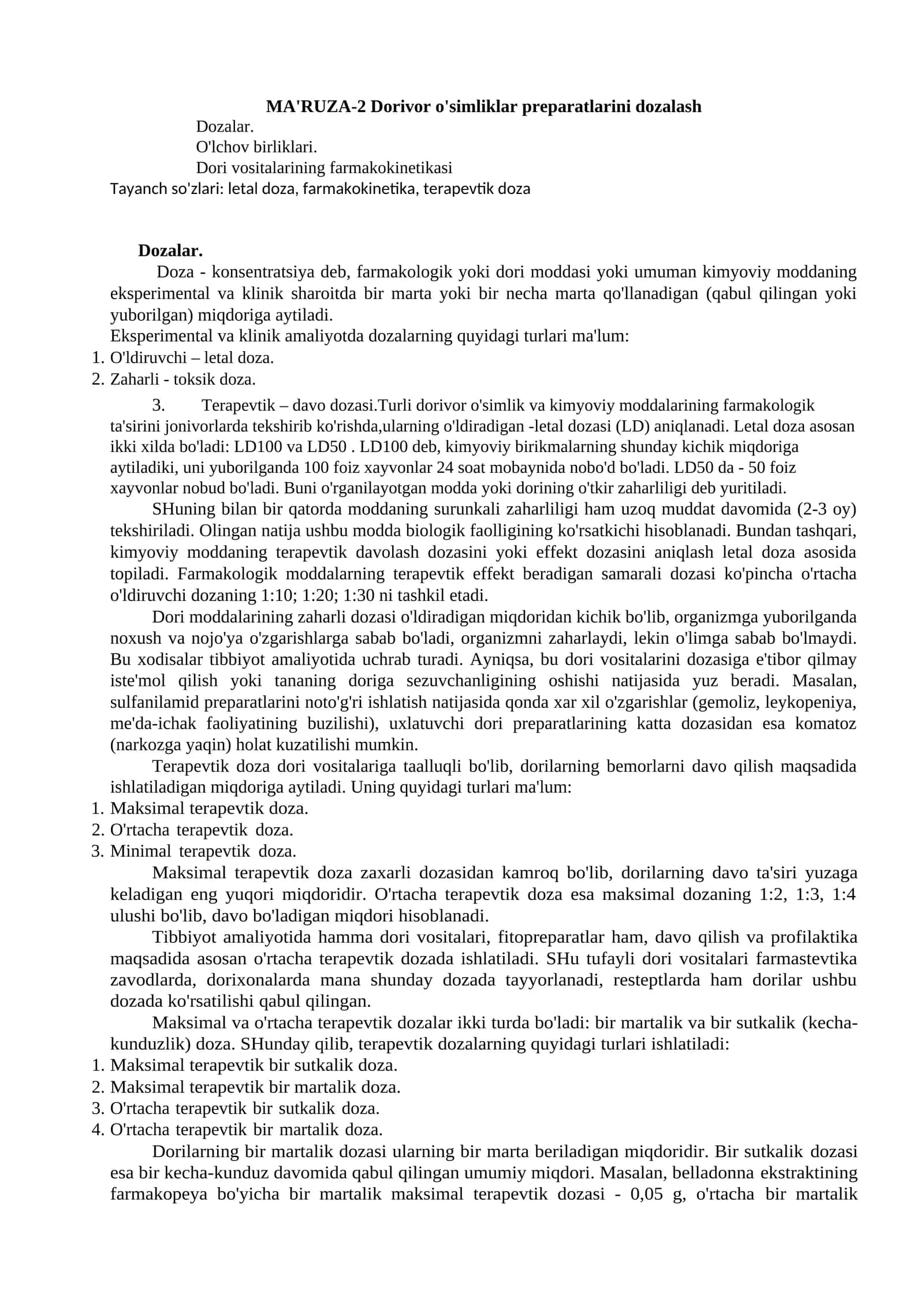 MA'RUZA-2 Dorivor o'simliklar preparatlarini dozalash