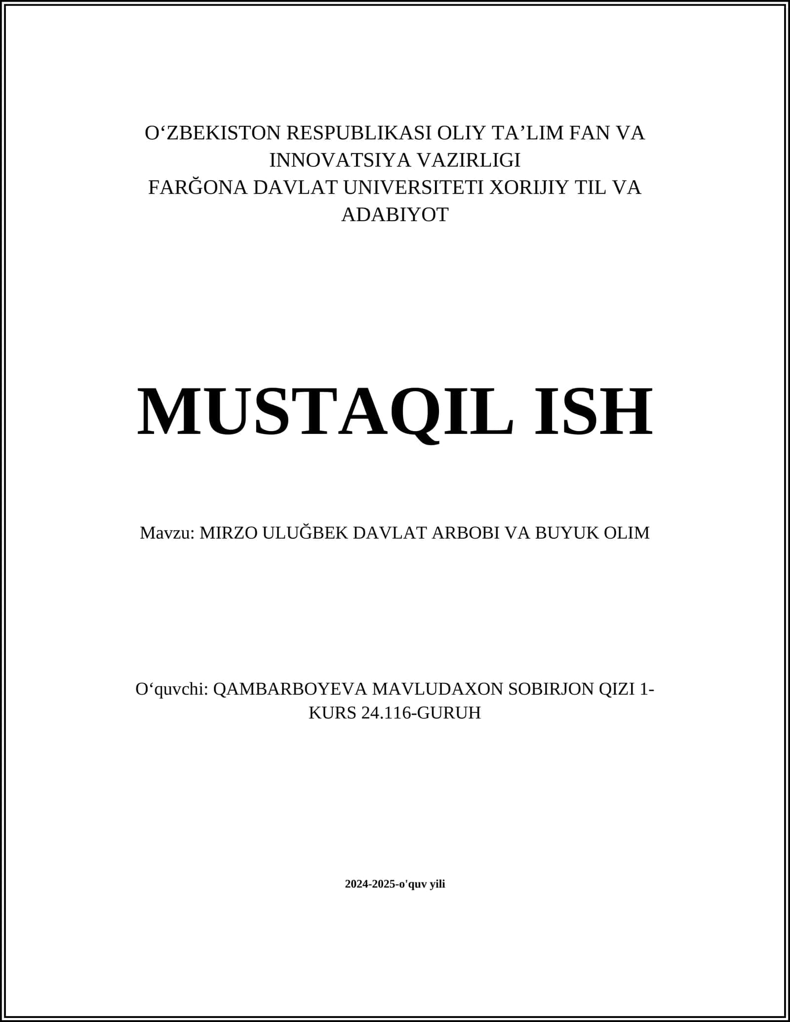 MIRZO ULUĞBEK DAVLAT ARBOBI VA BUYUK OLIM