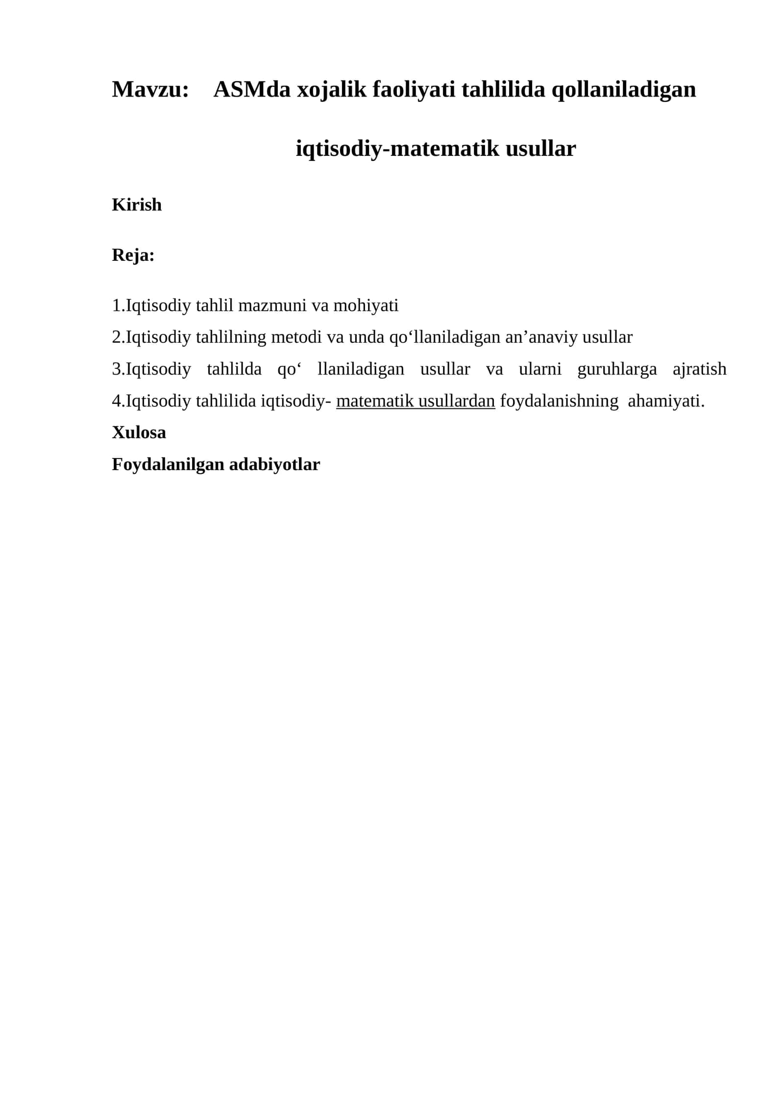 ASMda xojalik faoliyati tahlilida qollaniladigan iqtisodiy-matematik usullar