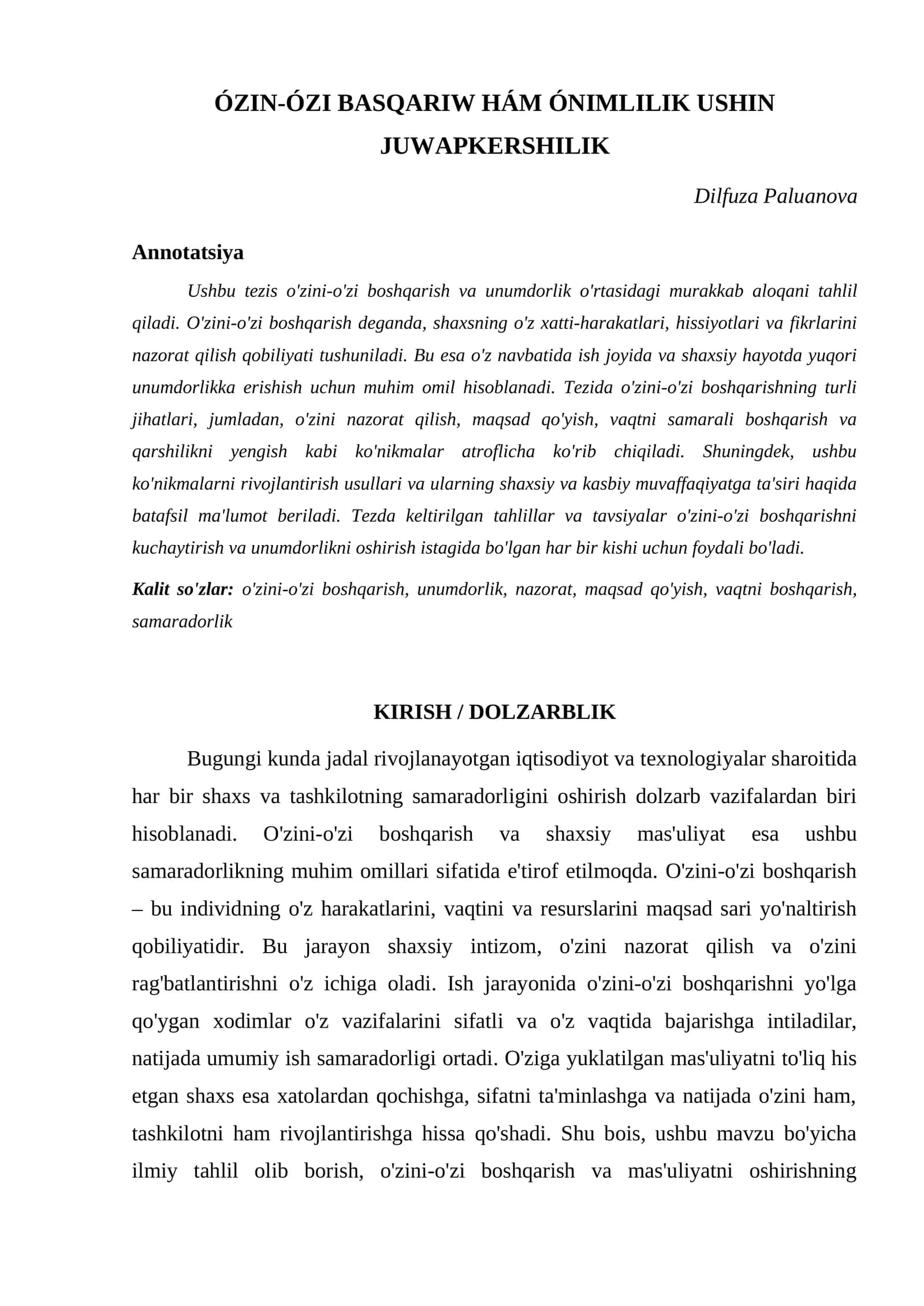 ÓZIN-ÓZI BASQARIW HÁM ÓNIMLILIK USHIN JUWAPKERSHILIK