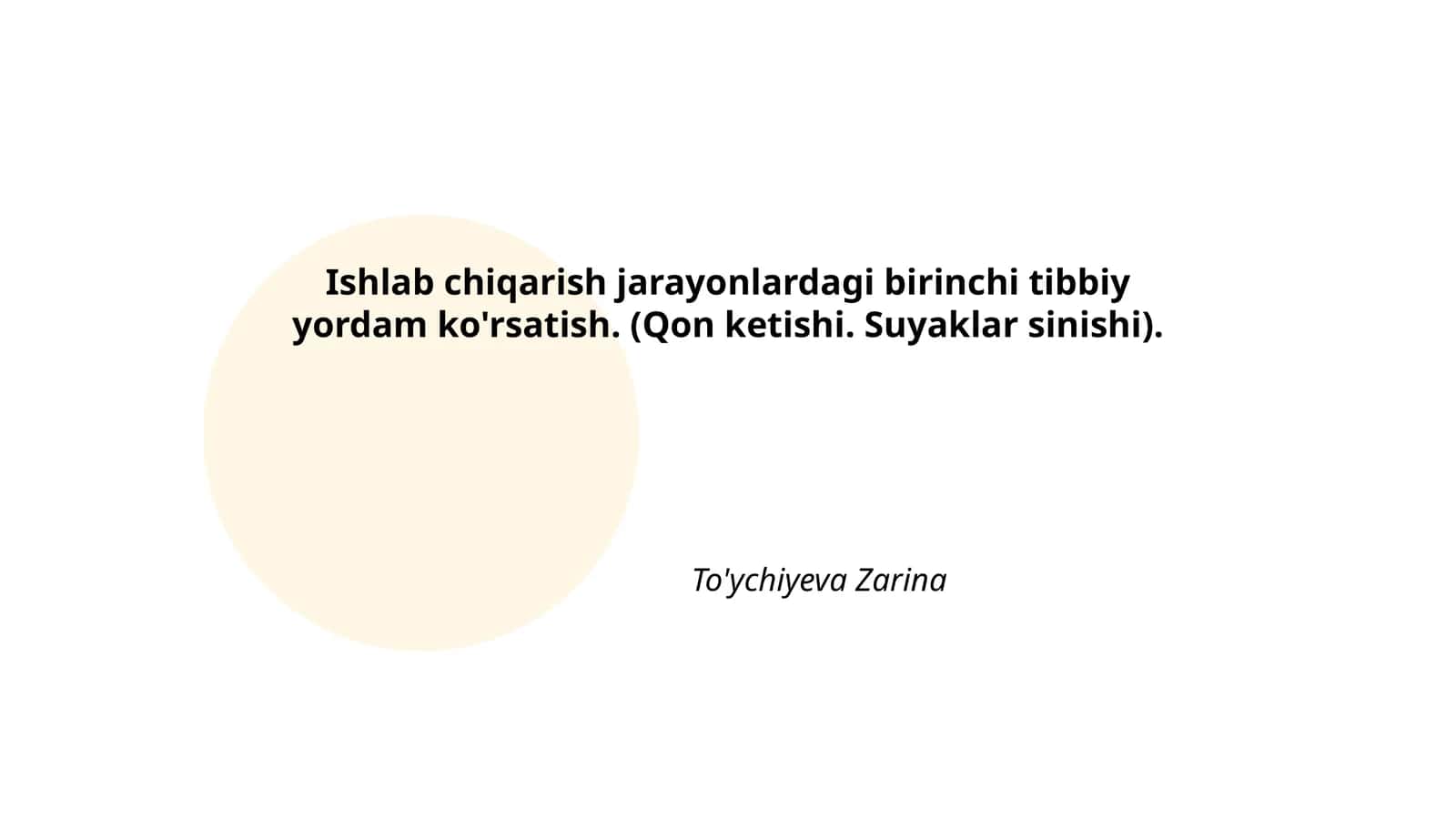 Ishlab chiqarish jarayonlardagi birinchi tibbiy yordam ko'rsatish. (Qon ketishi. Suyaklar sinishi)